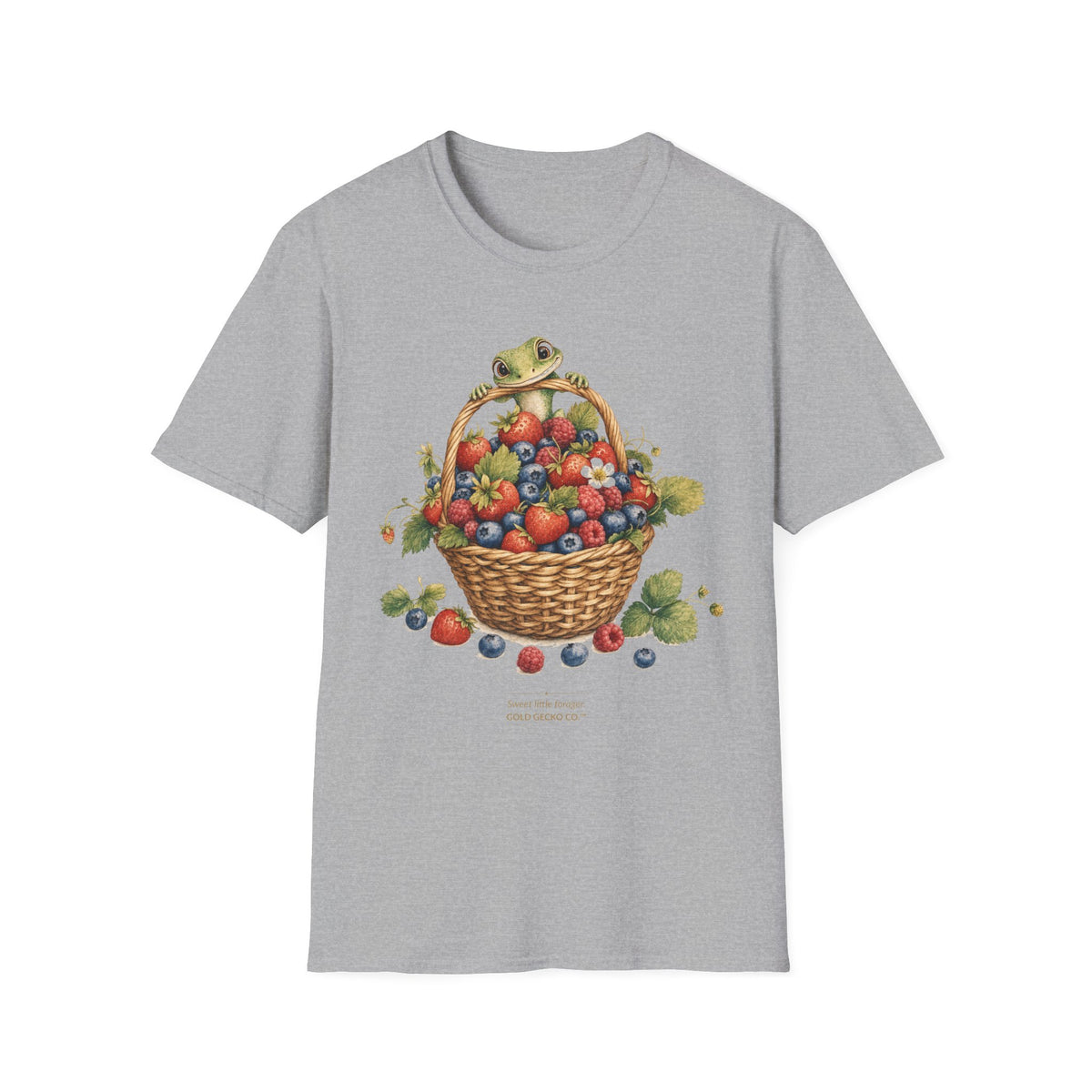Berry Basket Buddy cottagecore watercolor T-shirt from Gold Gecko Co. — gecko nestled in a woven basket of wild strawberries and blueberries.