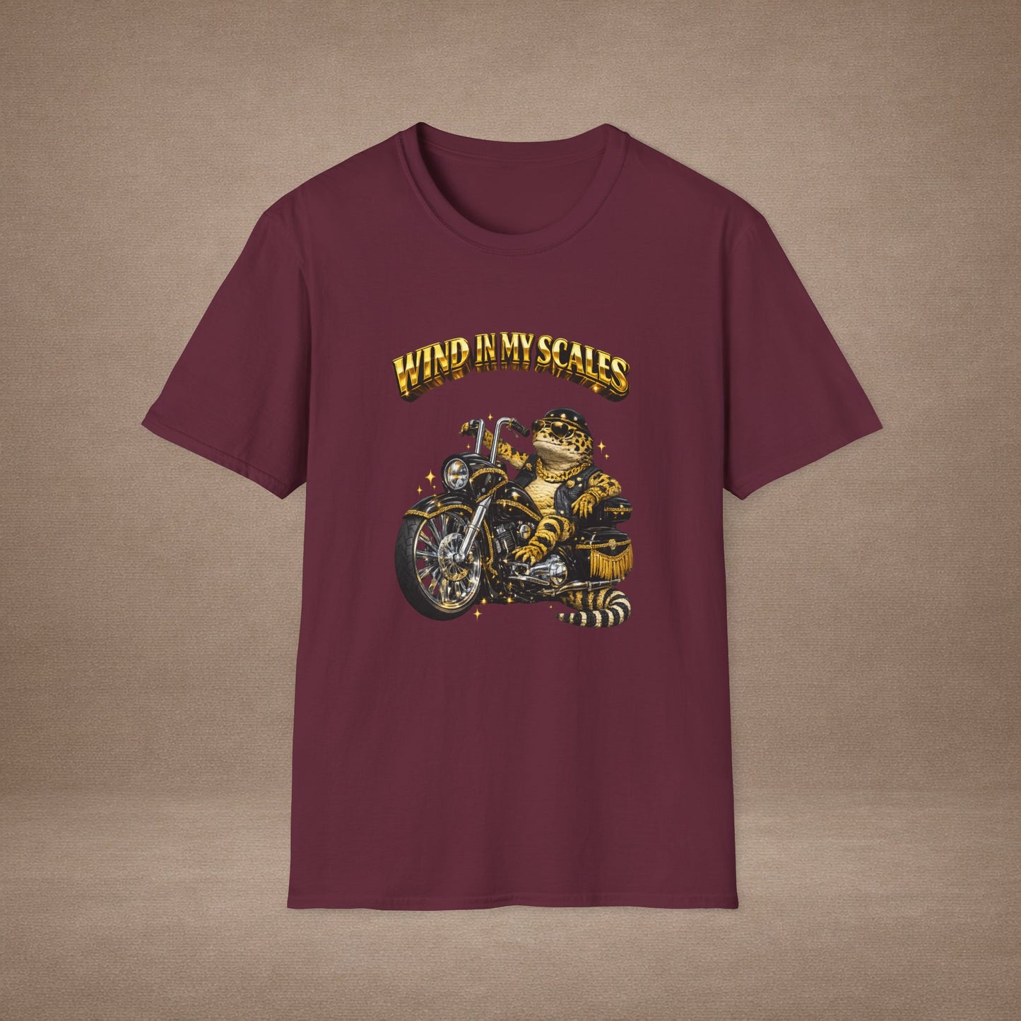 DESIGN #38 Wind in My Scales — Bagger Gecko Tee (Front & Back) Golden Letters