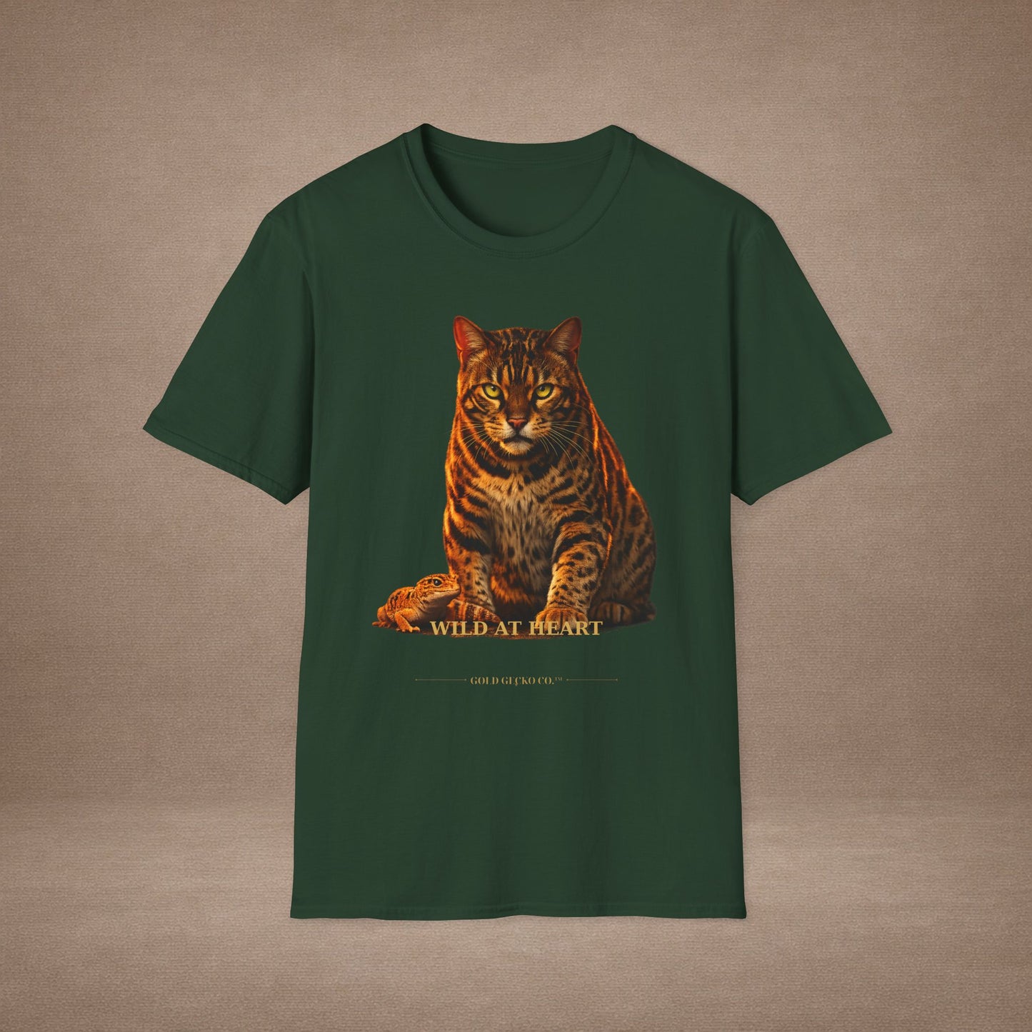 Bengal — Wild At Heart — photoreal cat breed portraits paired with tiny gecko compani. Gold Gecko Co. Cats & Geckos collection.