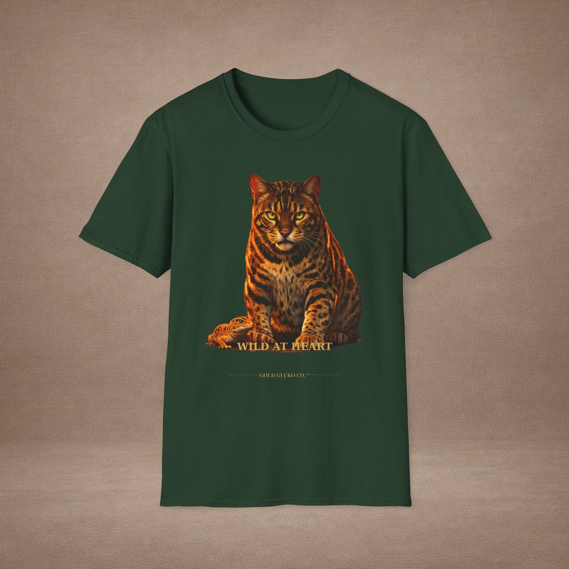 Bengal — Wild At Heart — photoreal cat breed portraits paired with tiny gecko compani. Gold Gecko Co. Cats & Geckos collection.