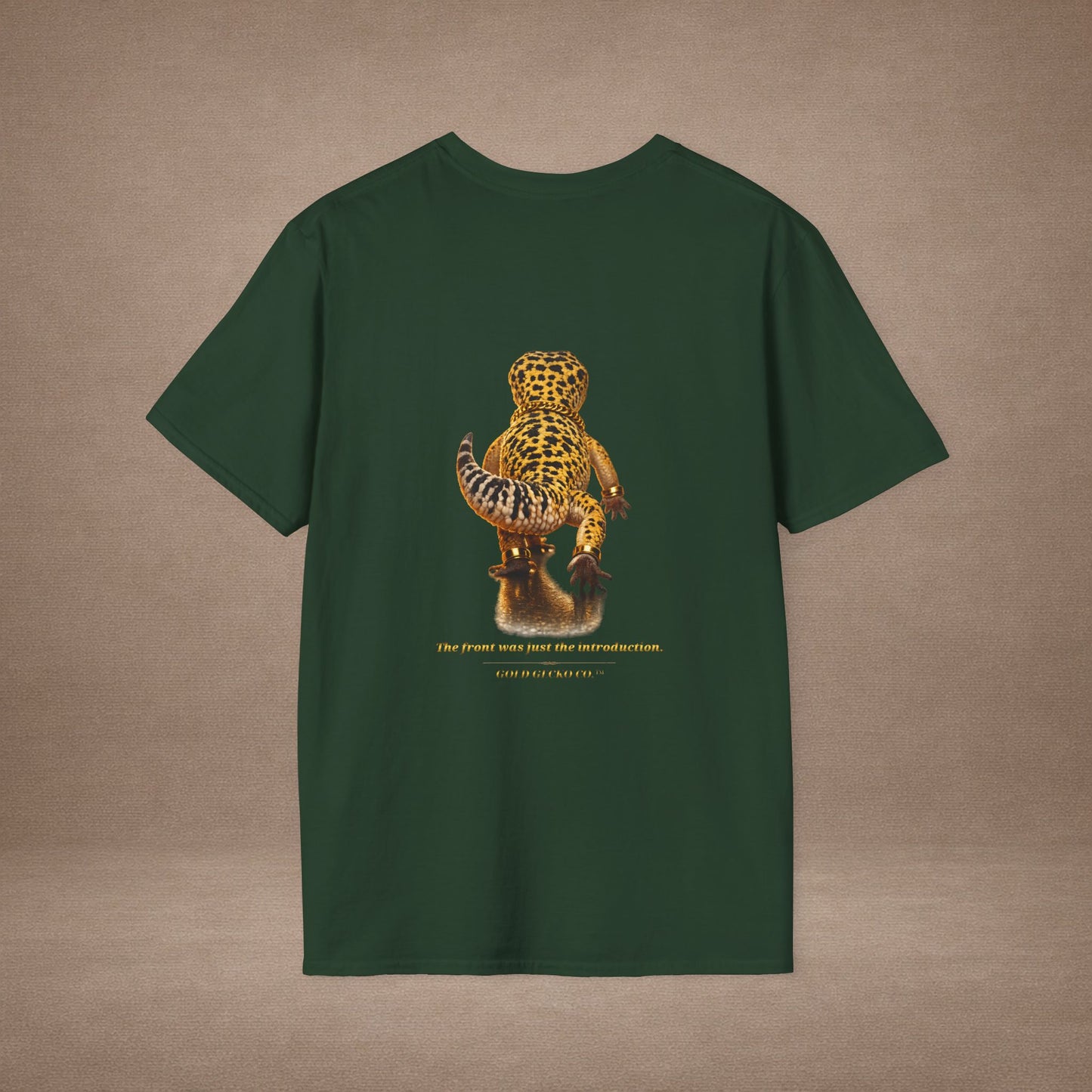 Design # 001  Gold Gecko Co. tm - Signature Logo Tee — Emblem Graphic T-Shirt (Front @ Back)