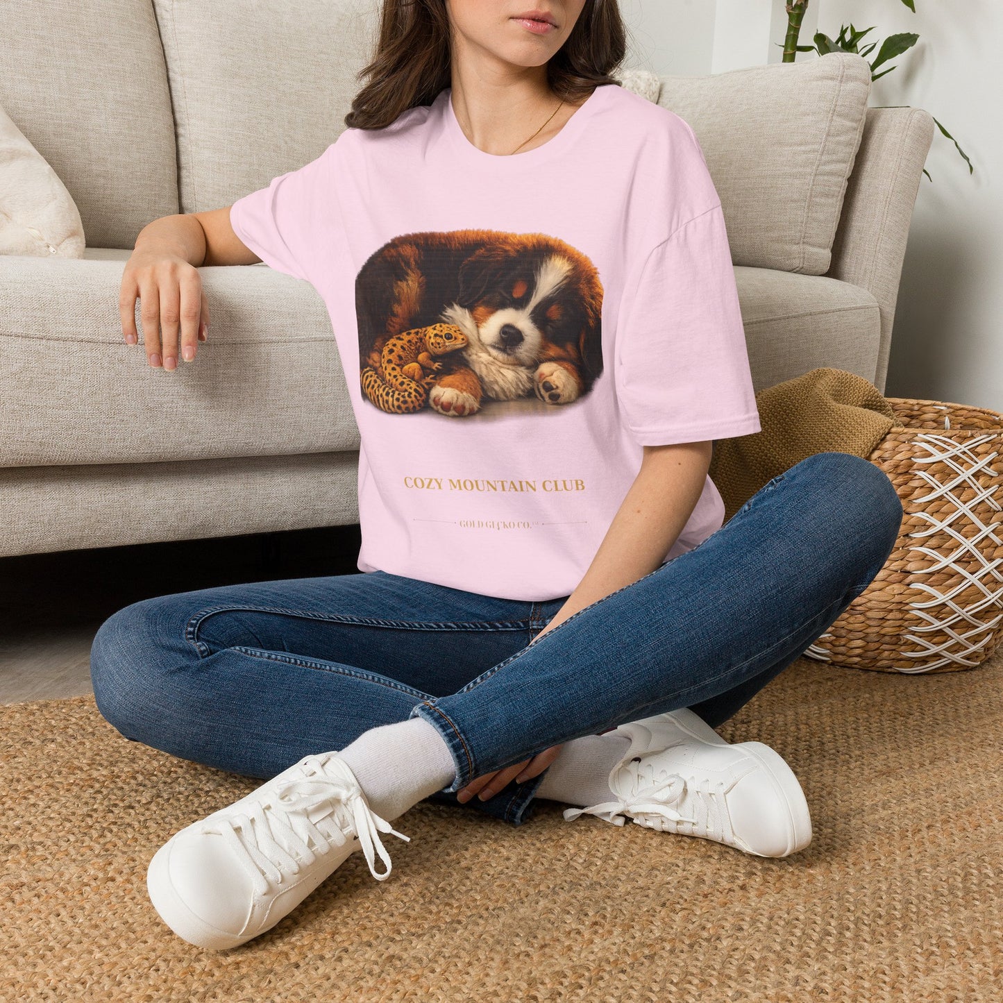 Bernese Mountain Dog — Cozy Mountain Club — cinematic photoreal portraits of beloved dog breeds paired w. Gold Gecko Co. Puppies & Geckos collection.