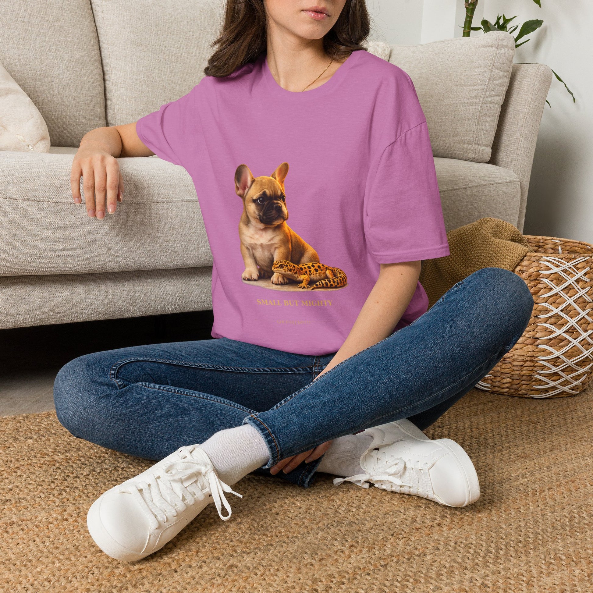 French Bulldog — Small But Mighty — cinematic photoreal portraits of beloved dog breeds paired w. Gold Gecko Co. Puppies & Geckos collection.