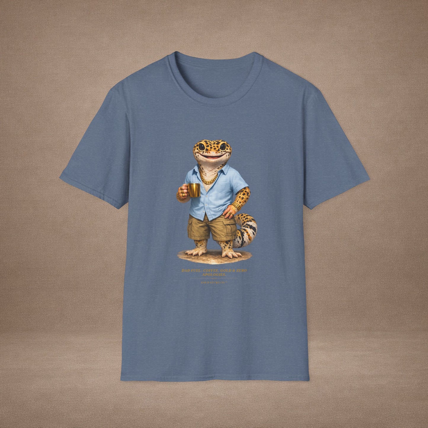 Design #03-2-2 - Coffee Dad (Leopard - Powder Blue Shirt, Gold Mug, Grass)