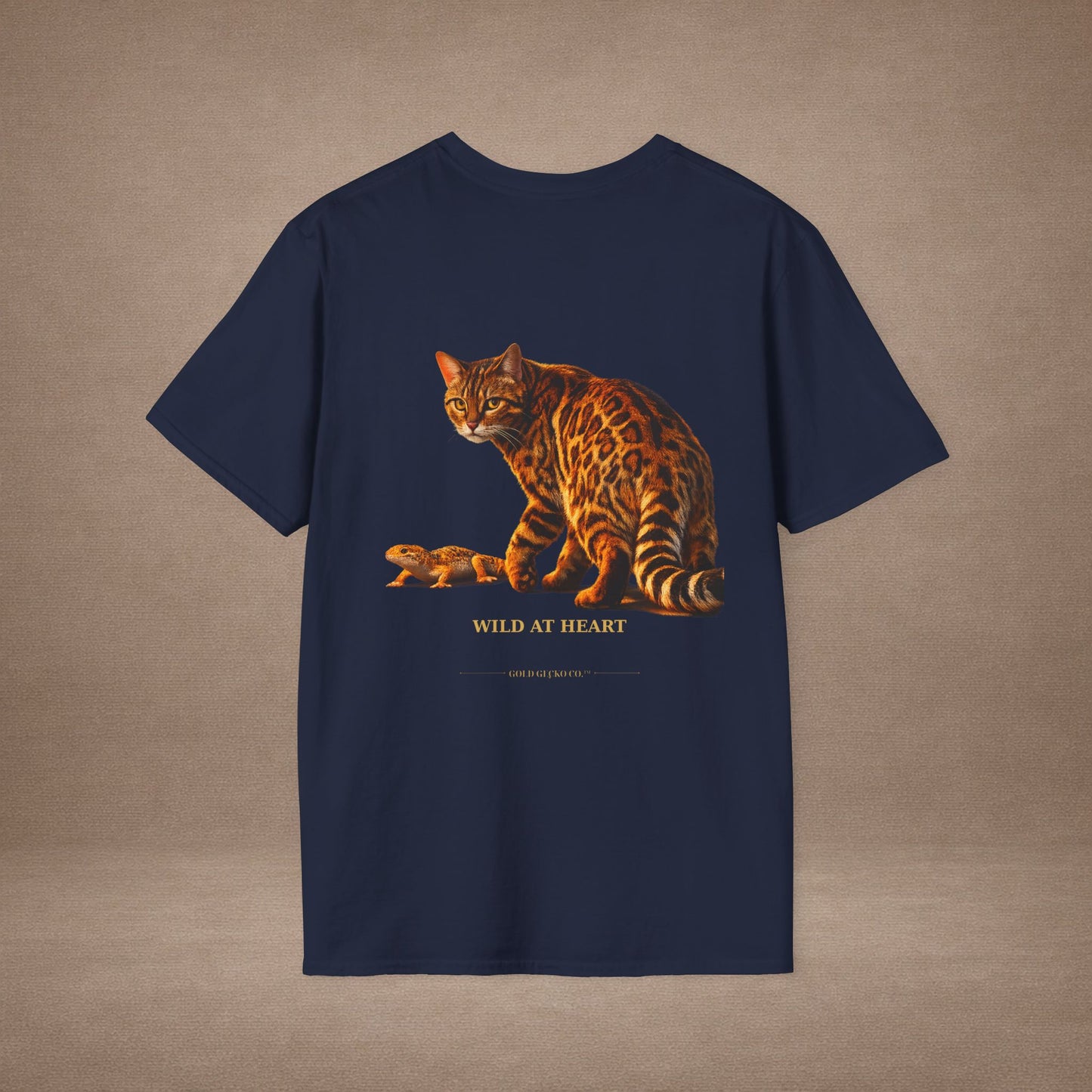 Bengal — Wild At Heart — photoreal cat breed portraits paired with tiny gecko compani. Gold Gecko Co. Cats & Geckos collection.