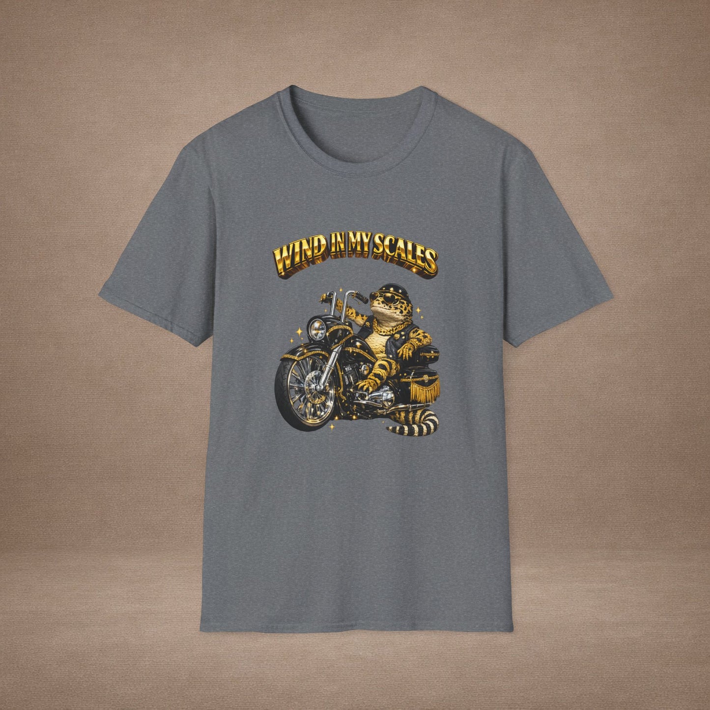 DESIGN #38 Wind in My Scales — Bagger Gecko Tee (Front & Back) Golden Letters