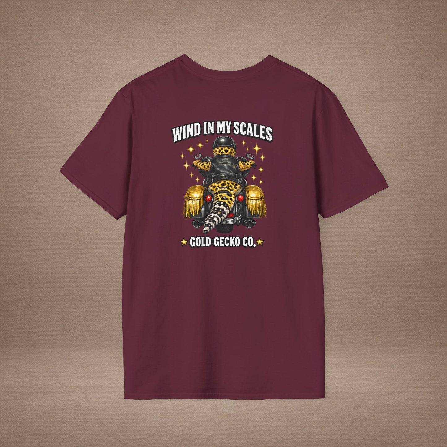DESIGN #38 Wind in My Scales — Bagger Gecko Tee (Front & Back) Golden Letters