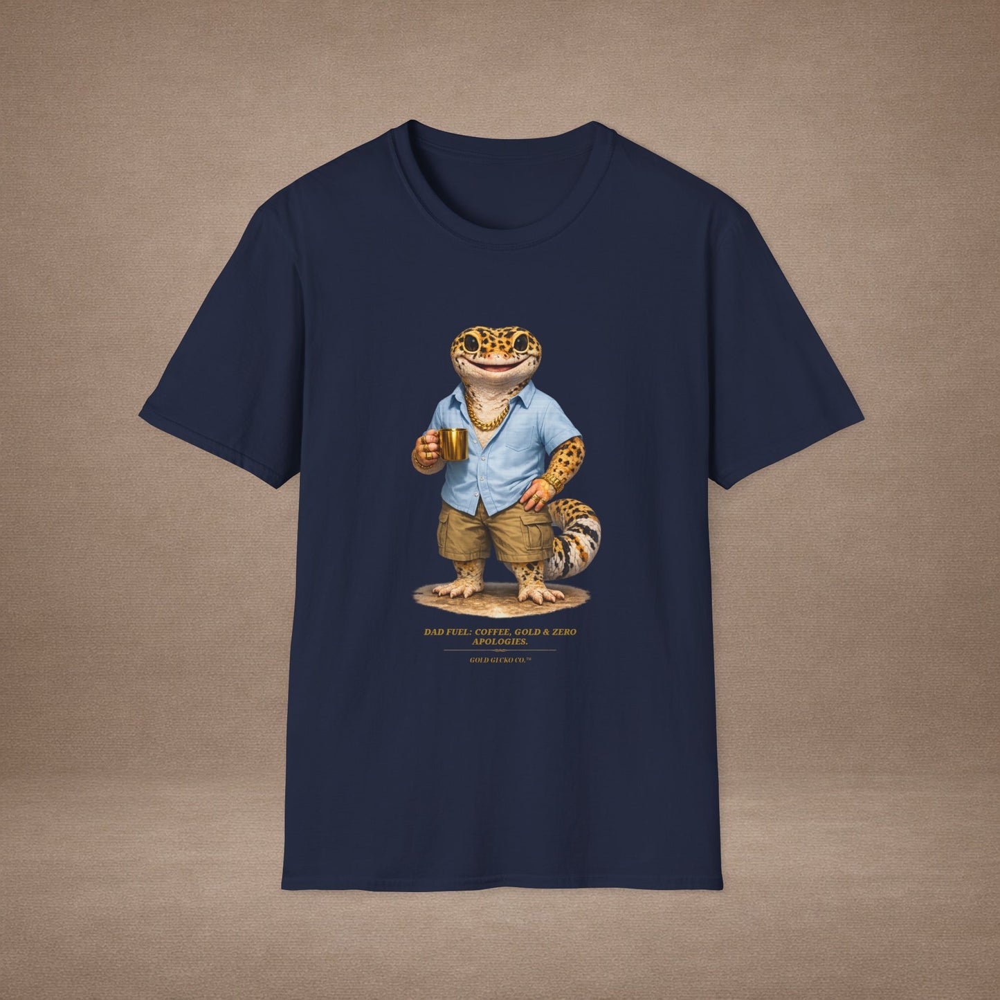 Design #03-2-2 - Coffee Dad (Leopard - Powder Blue Shirt, Gold Mug, Grass)