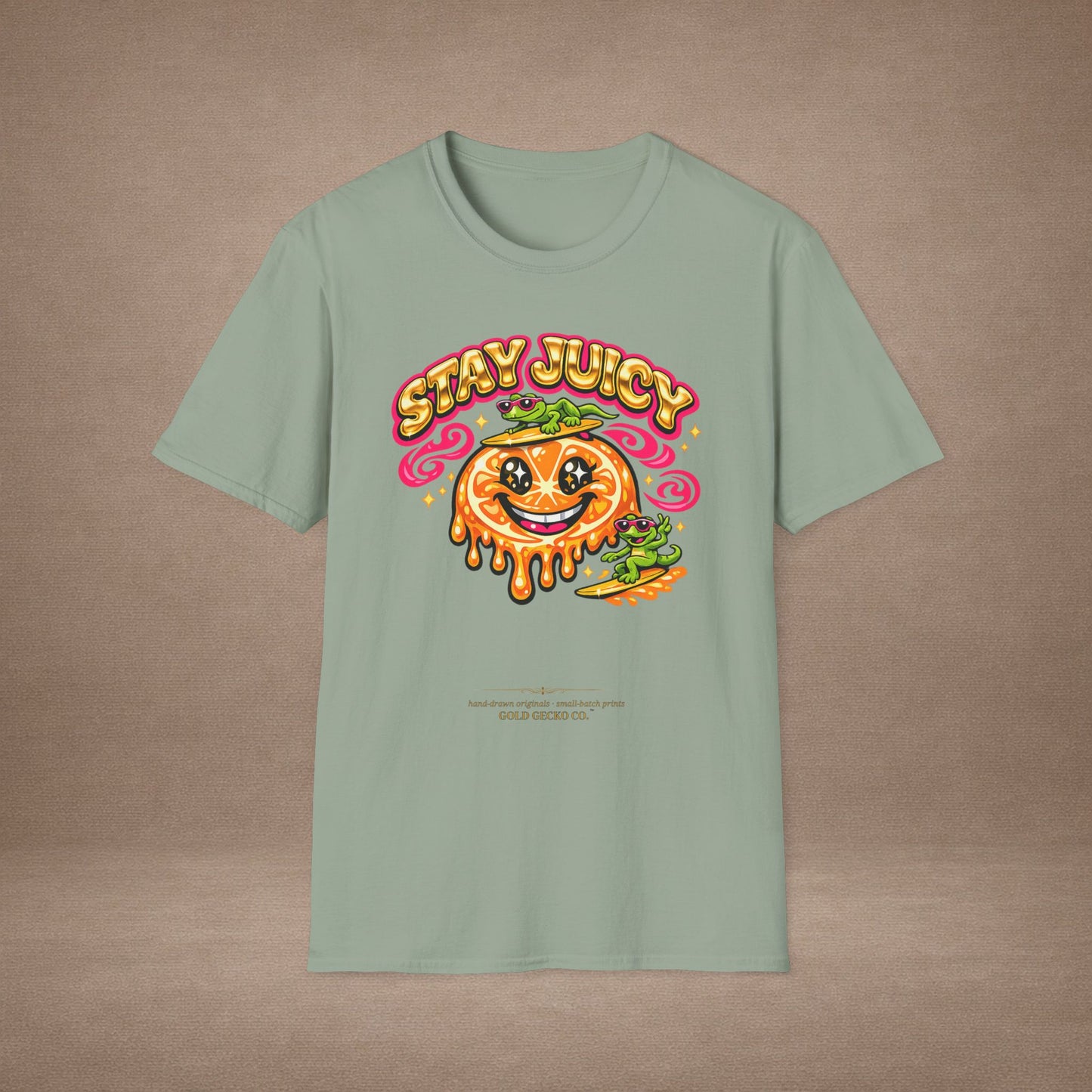 Stay Juicy retro chrome orange & gecko graphic t-shirt — Gold Gecko Co.