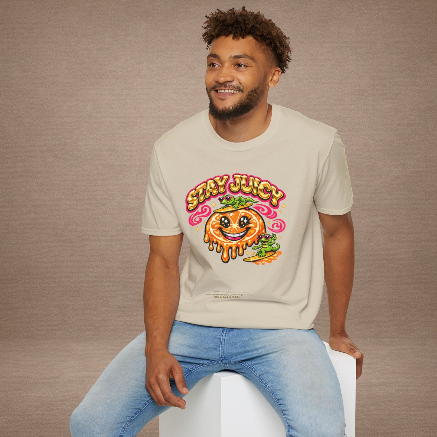 Stay Juicy retro chrome orange & gecko graphic t-shirt — Gold Gecko Co.