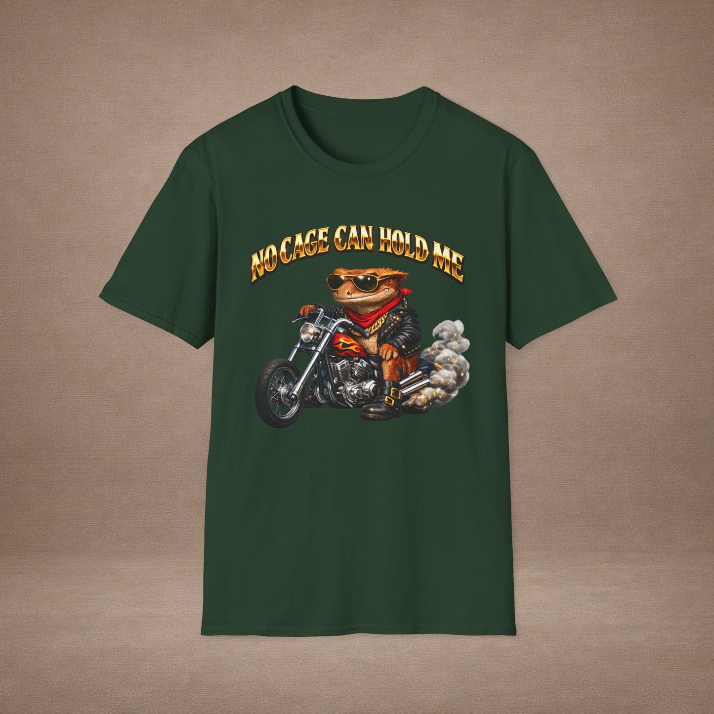 DESIGN #37 No Cage Can Hold Me — Chopper Gecko Tee (Front & Back) Gold Lettering