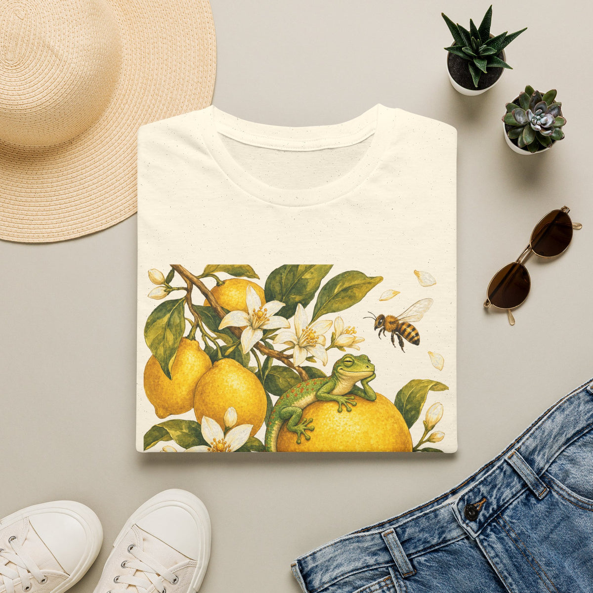 Citrus Grove Gecko cottagecore watercolor T-shirt from Gold Gecko Co. — gecko in a sunlit Mediterranean citrus grove of lemons and oranges.