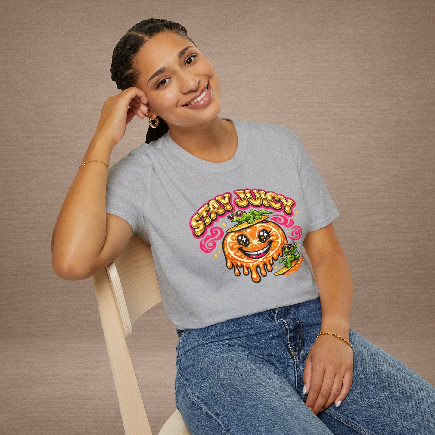 Stay Juicy retro chrome orange & gecko graphic t-shirt — Gold Gecko Co.