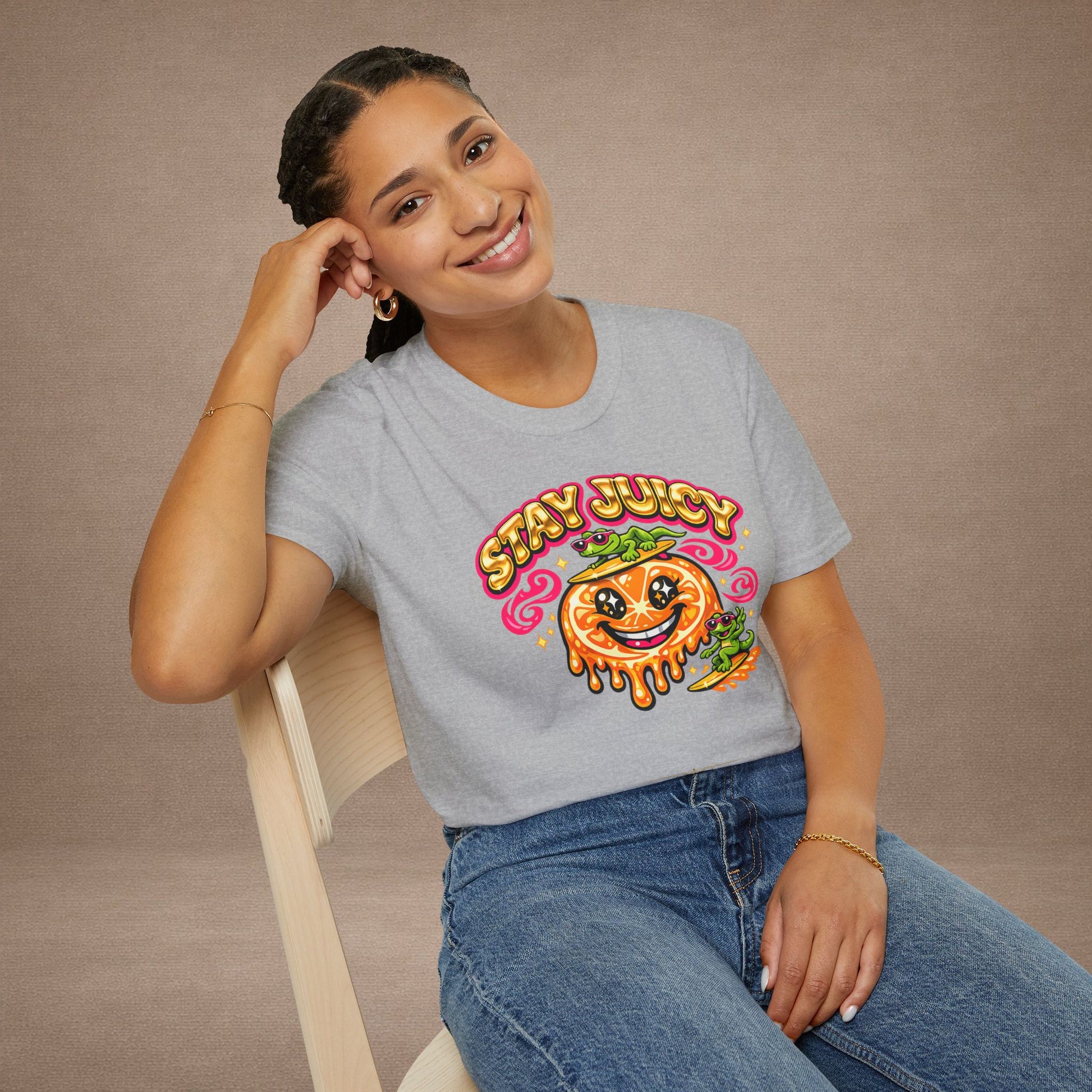 Stay Juicy retro chrome orange & gecko graphic t-shirt — Gold Gecko Co.