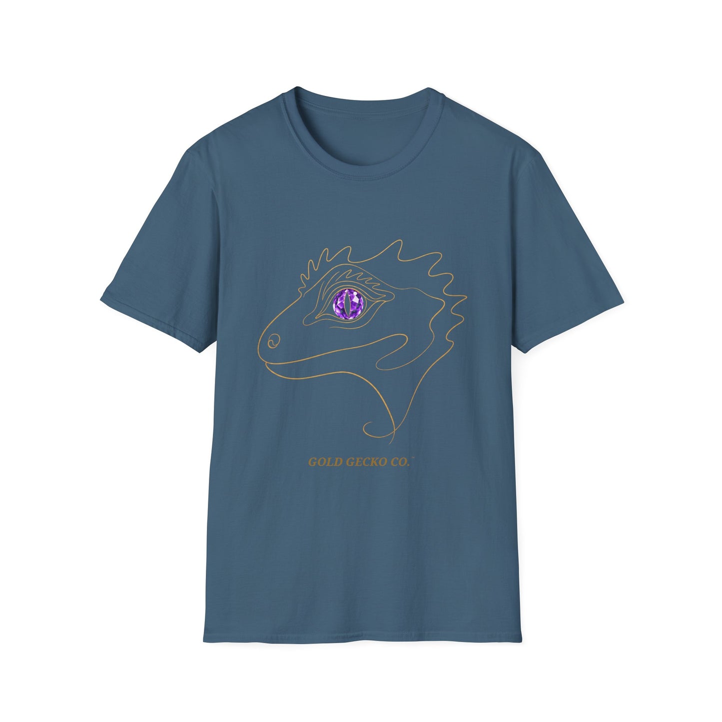 Amethyst Crested Gecko single-line art with amethyst purple gem eye — Gold Gecko Co. Line & Gold collection (Dark)