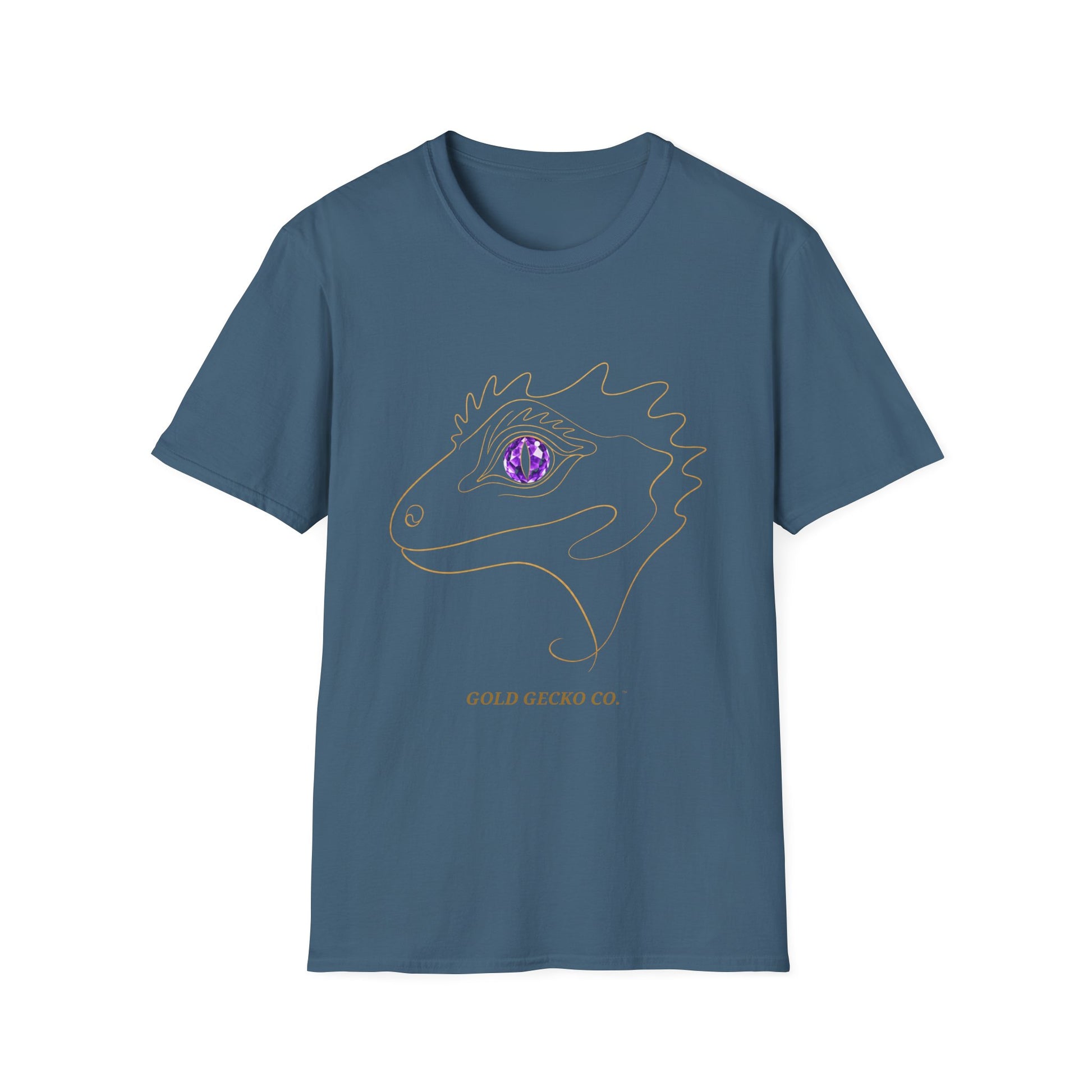 Amethyst Crested Gecko single-line art with amethyst purple gem eye — Gold Gecko Co. Line & Gold collection (Dark)
