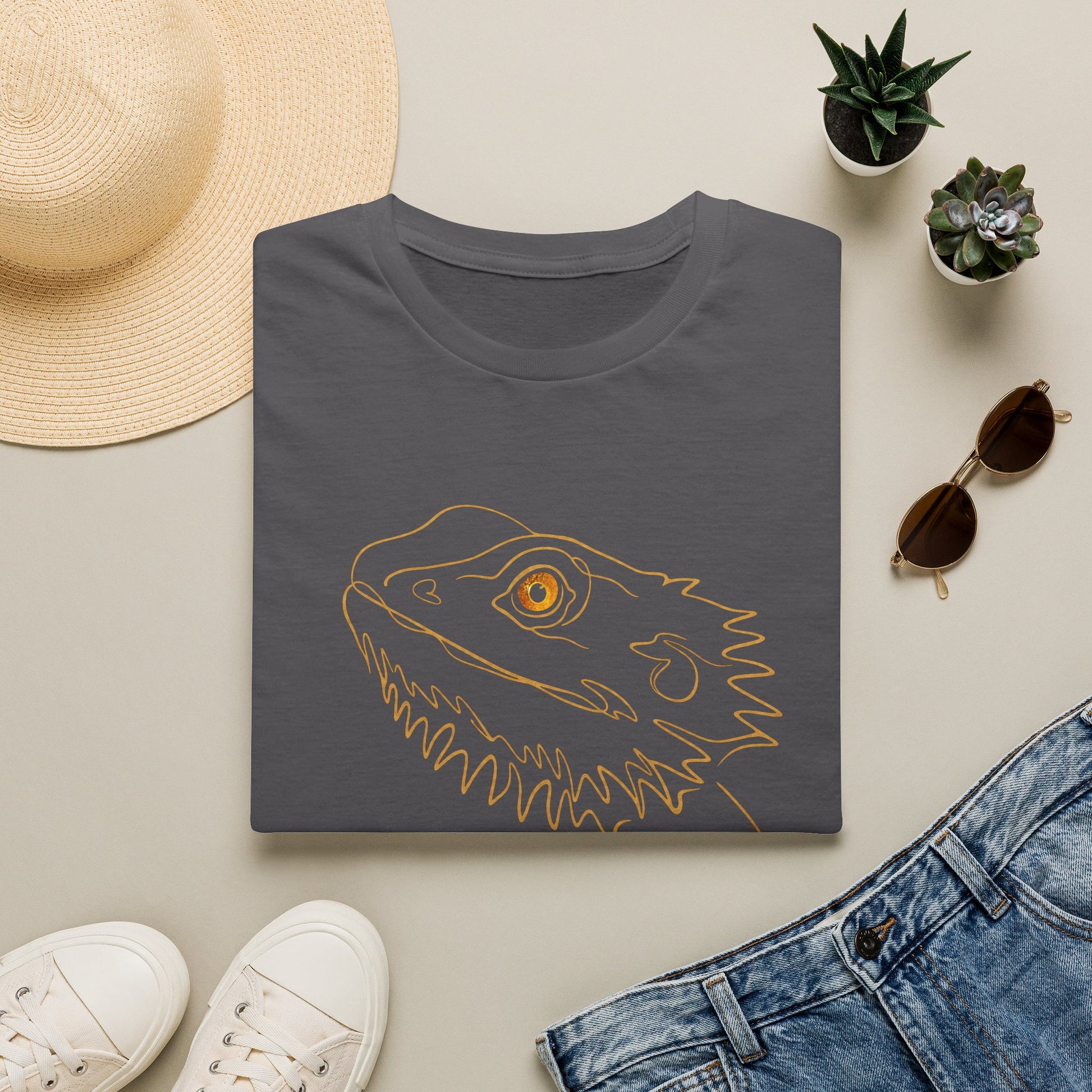 Amber Bearded Dragon single-line art with amber gold gem eye — Gold Gecko Co. Line & Gold collection (Dark)