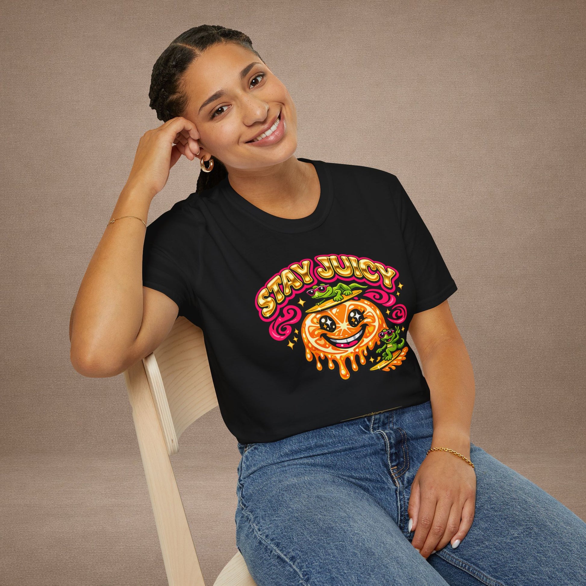 Stay Juicy retro chrome orange & gecko graphic t-shirt — Gold Gecko Co.