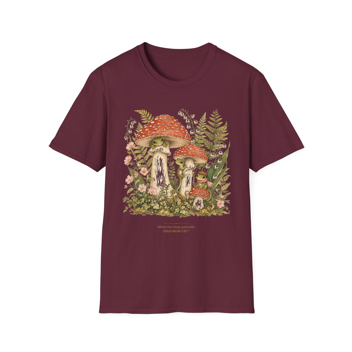 Mushroom Village cottagecore watercolor T-shirt from Gold Gecko Co. — gecko exploring a whimsical toadstool village in the woods.