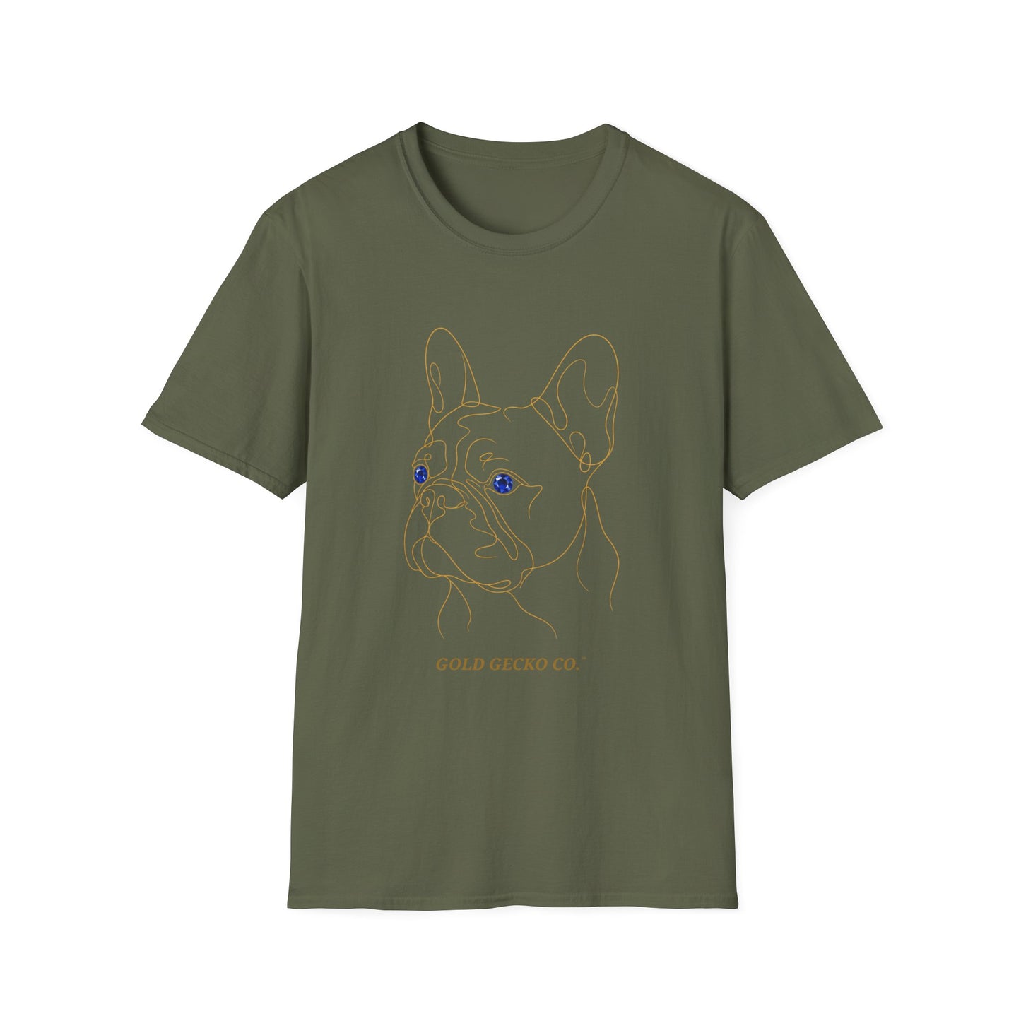 Sapphire French Bulldog single-line art with sapphire blue gem eye — Gold Gecko Co. Line & Gold collection (Dark)