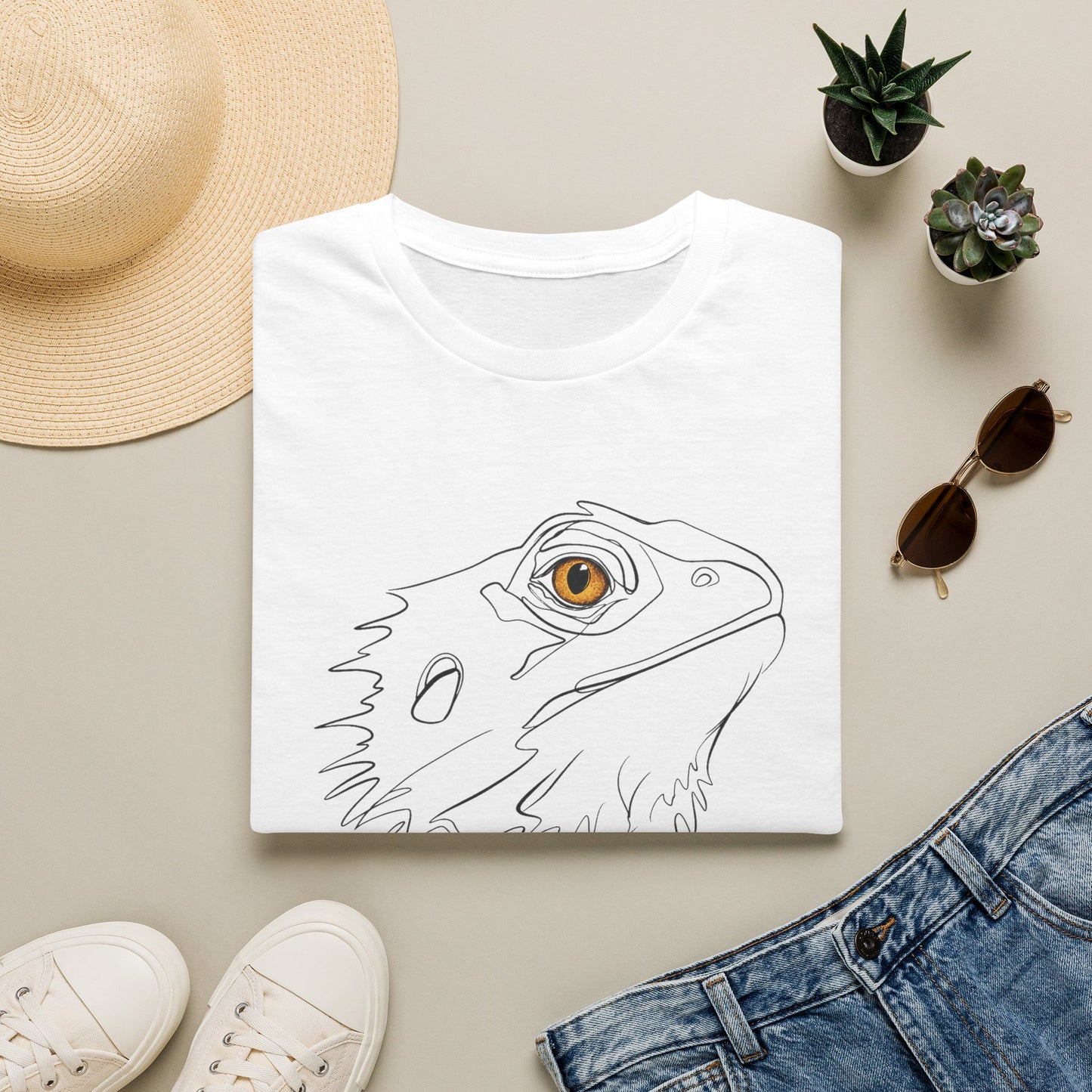 Amber Bearded Dragon single-line art with amber gold gem eye — Gold Gecko Co. Line & Gold collection (Light)