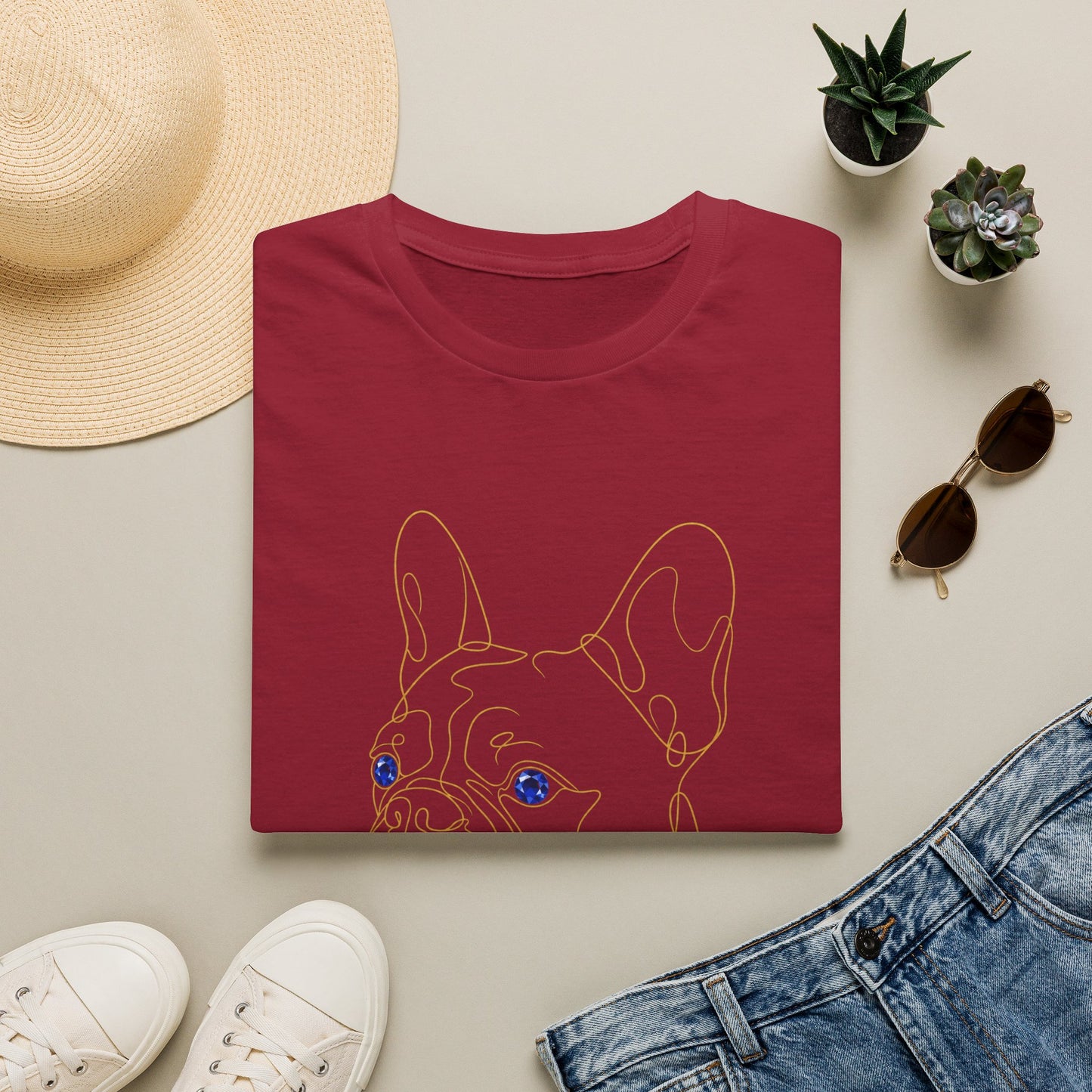 Sapphire French Bulldog single-line art with sapphire blue gem eye — Gold Gecko Co. Line & Gold collection (Dark)