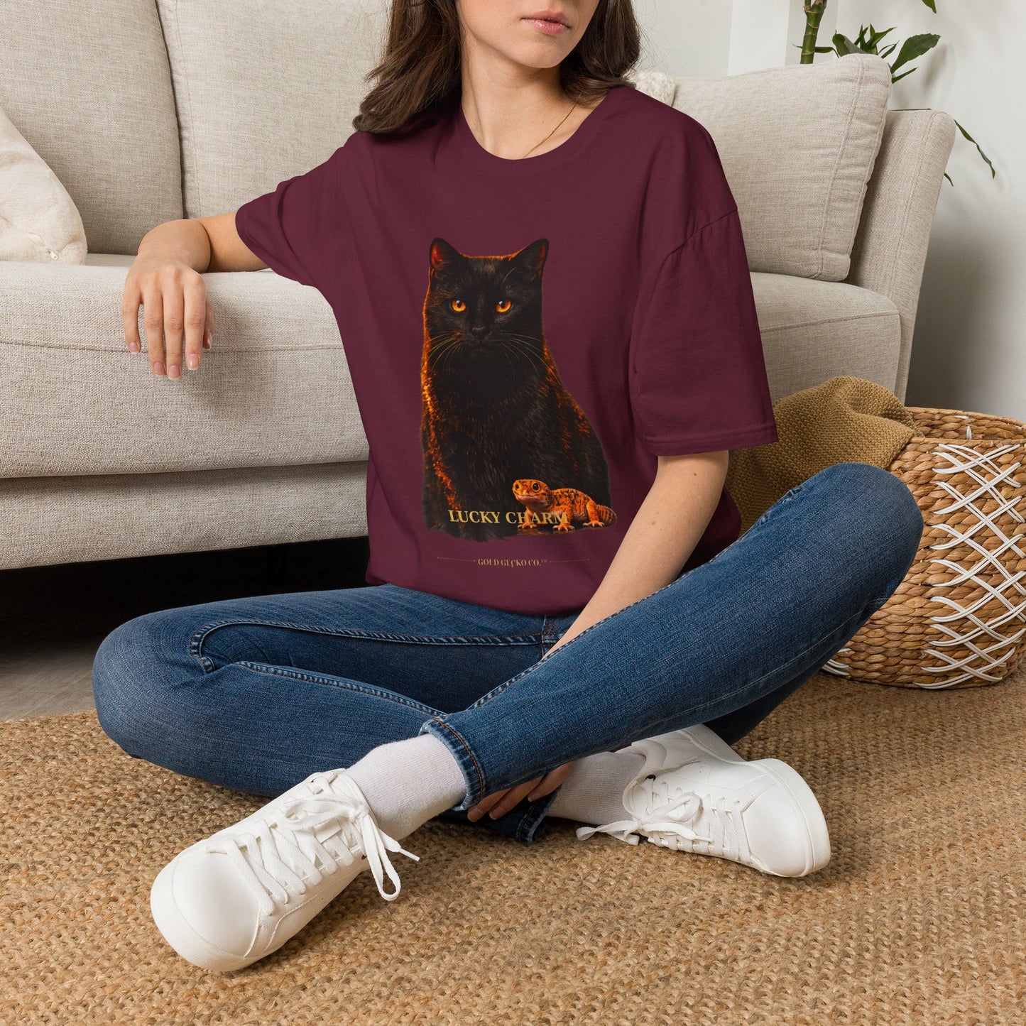 Black Cat — Lucky Charm — photoreal cat breed portraits paired with tiny gecko compani. Gold Gecko Co. Cats & Geckos collection.