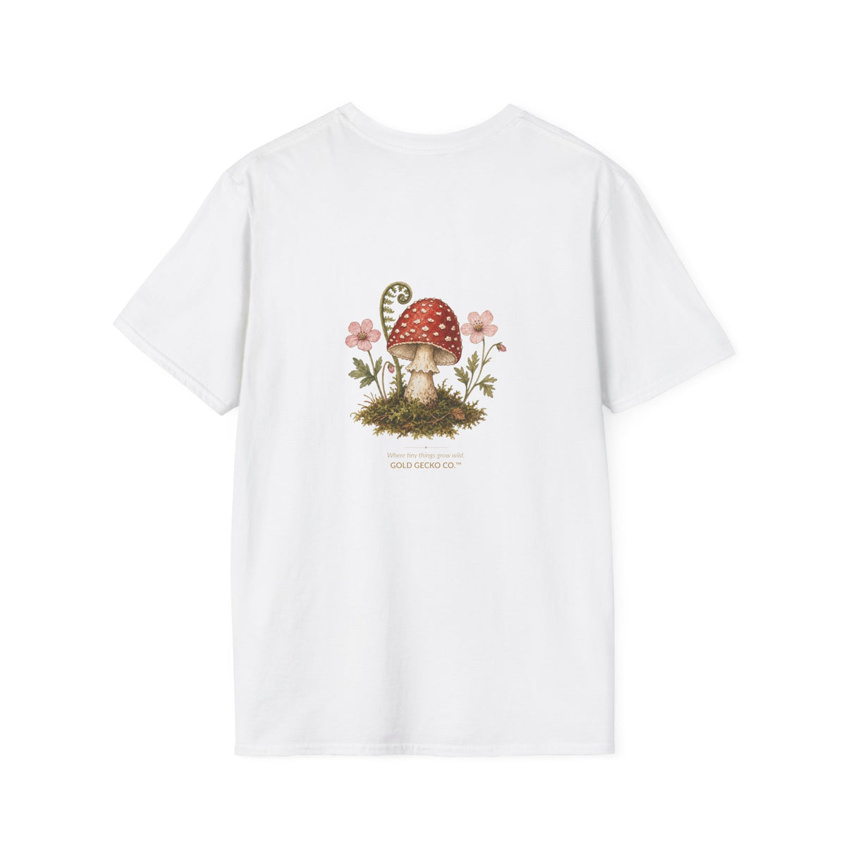 Mushroom Village cottagecore watercolor T-shirt from Gold Gecko Co. — gecko exploring a whimsical toadstool village in the woods.