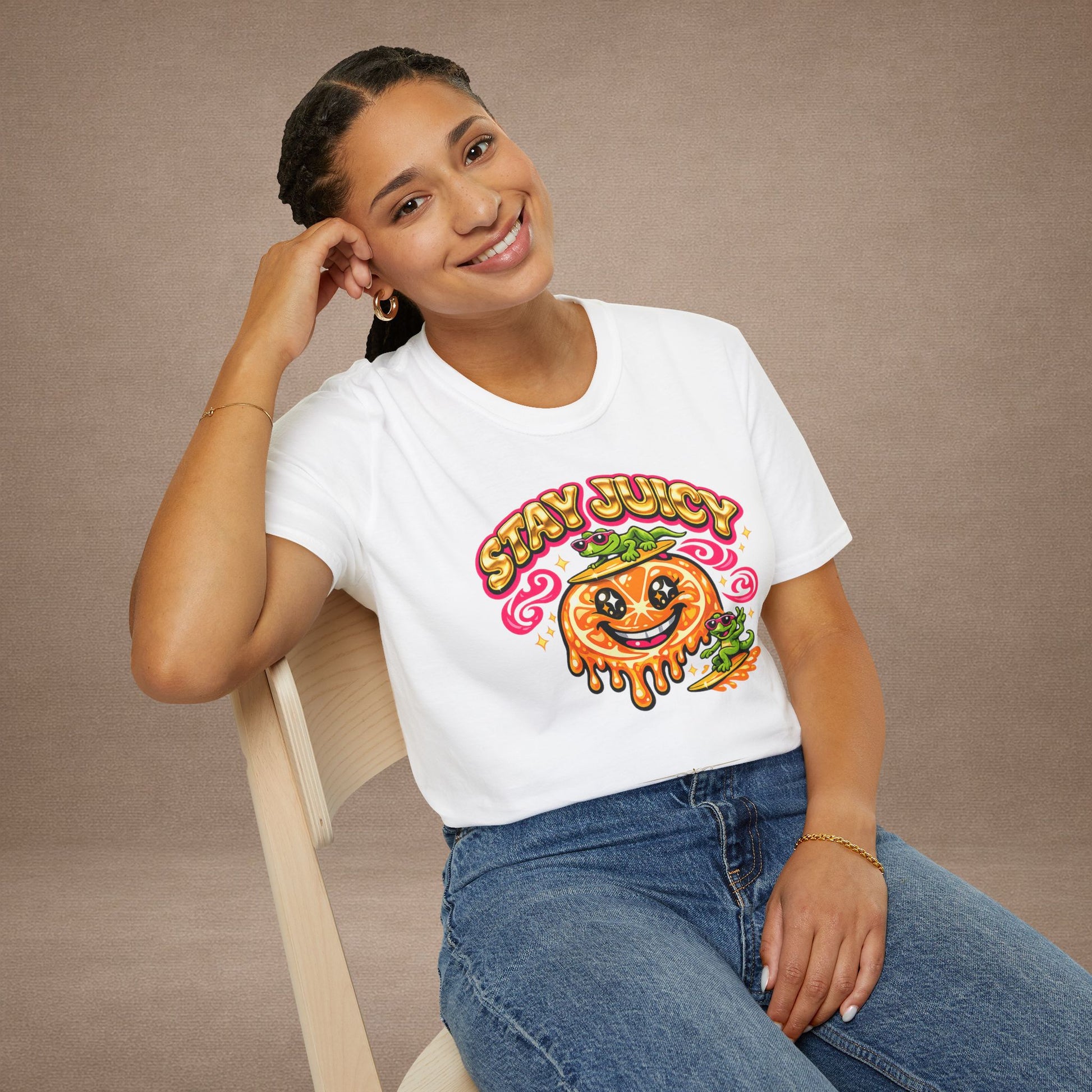 Stay Juicy retro chrome orange & gecko graphic t-shirt — Gold Gecko Co.