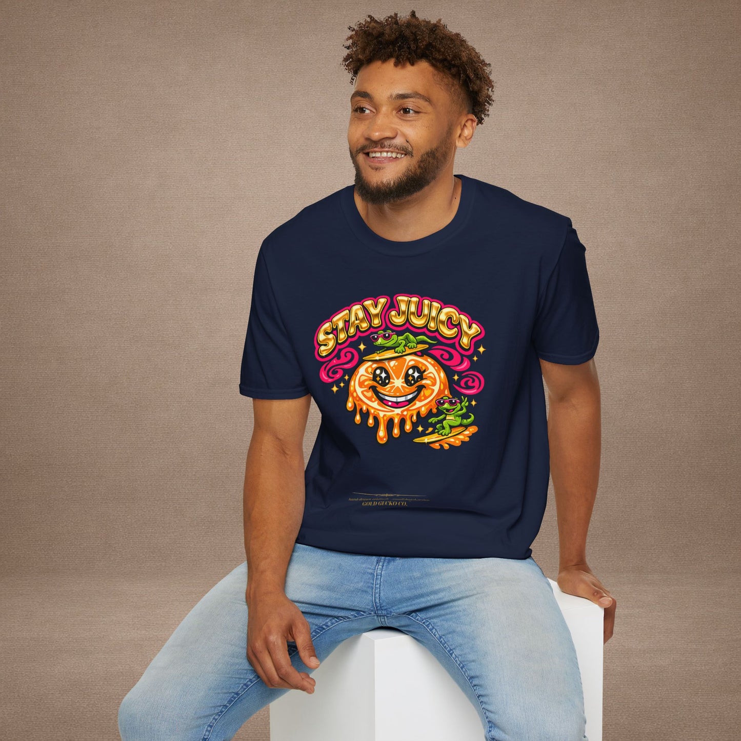 Stay Juicy retro chrome orange & gecko graphic t-shirt — Gold Gecko Co.