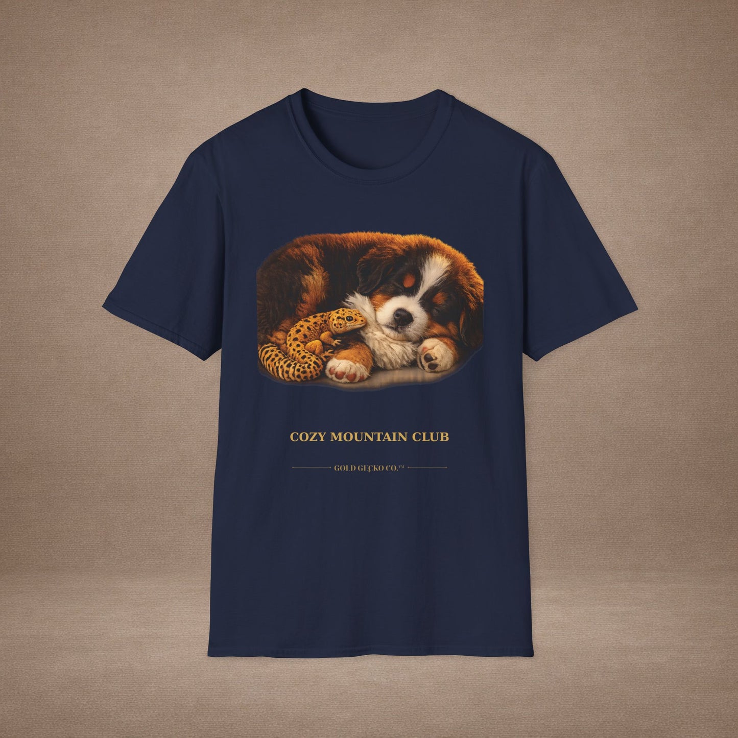 Bernese Mountain Dog — Cozy Mountain Club — cinematic photoreal portraits of beloved dog breeds paired w. Gold Gecko Co. Puppies & Geckos collection.