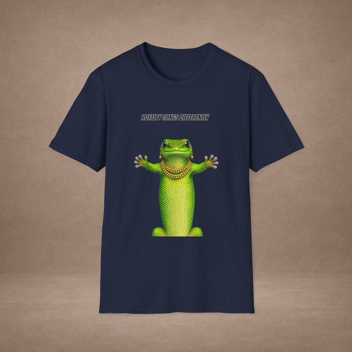 DESIGN #2-1 Royalty Clings Differently — Day Gecko Tee - (Black Letters)
