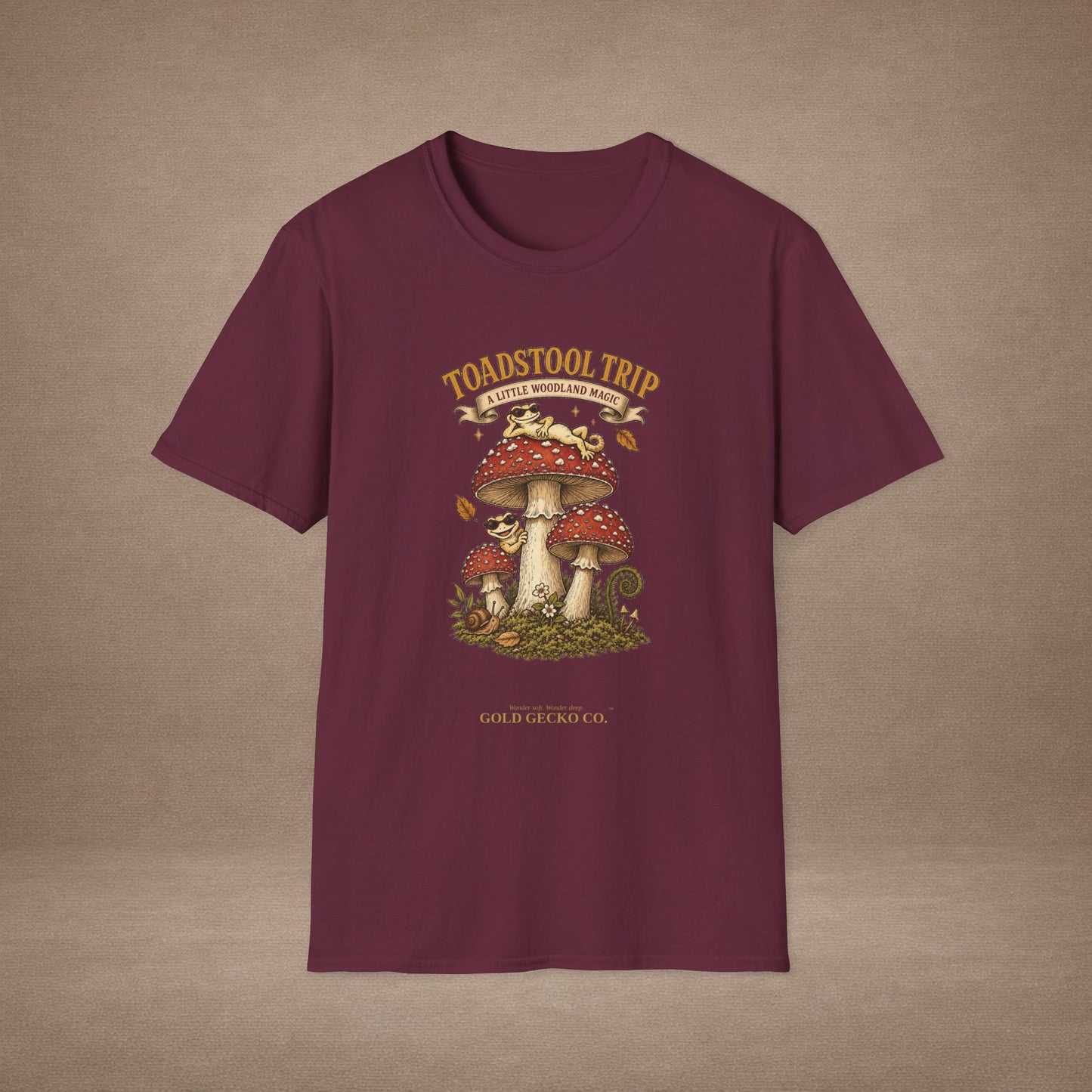 Toadstool Trip cottagecore mushroom & gecko t-shirt — Gold Gecko Co.