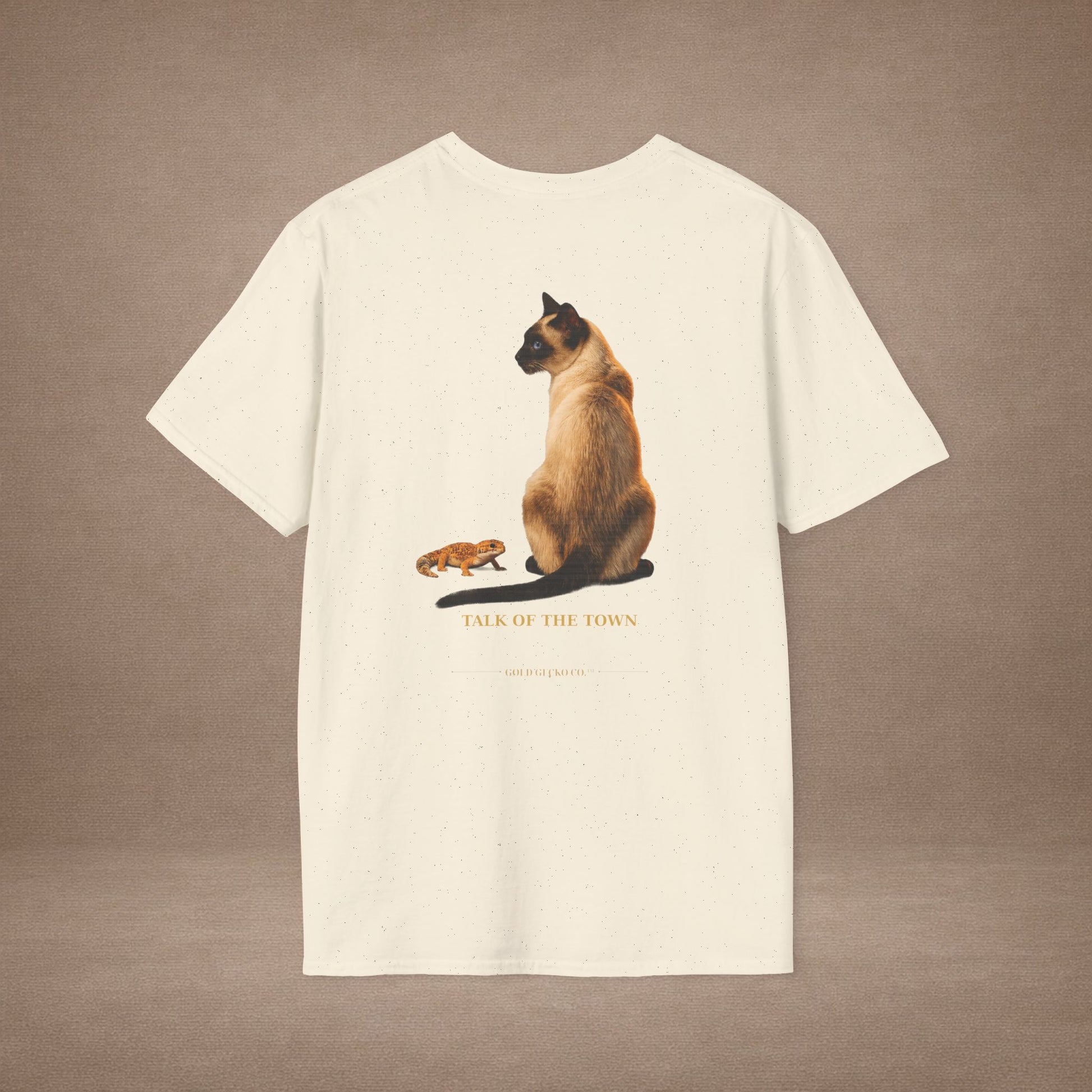 Siamese — Talk Of The Town — photoreal cat breed portraits paired with tiny gecko compani. Gold Gecko Co. Cats & Geckos collection.