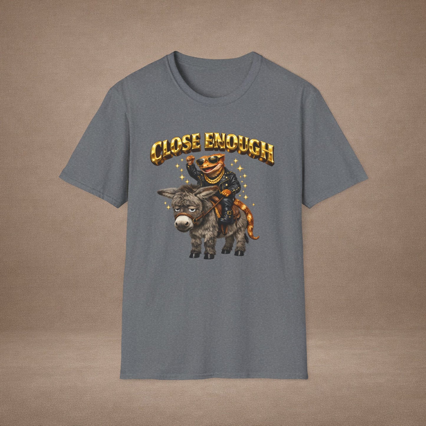 DESIGN #04-1 Close Enough — Donkey Gecko Tee (Front & Back) (Gold Letters)