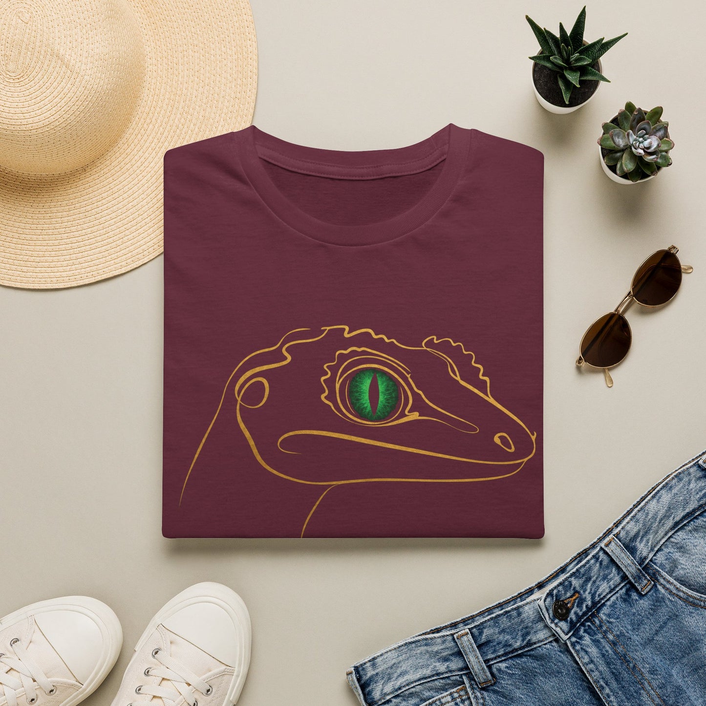 Emerald Gecko single-line art with emerald green gem eye — Gold Gecko Co. Line & Gold collection (Dark)