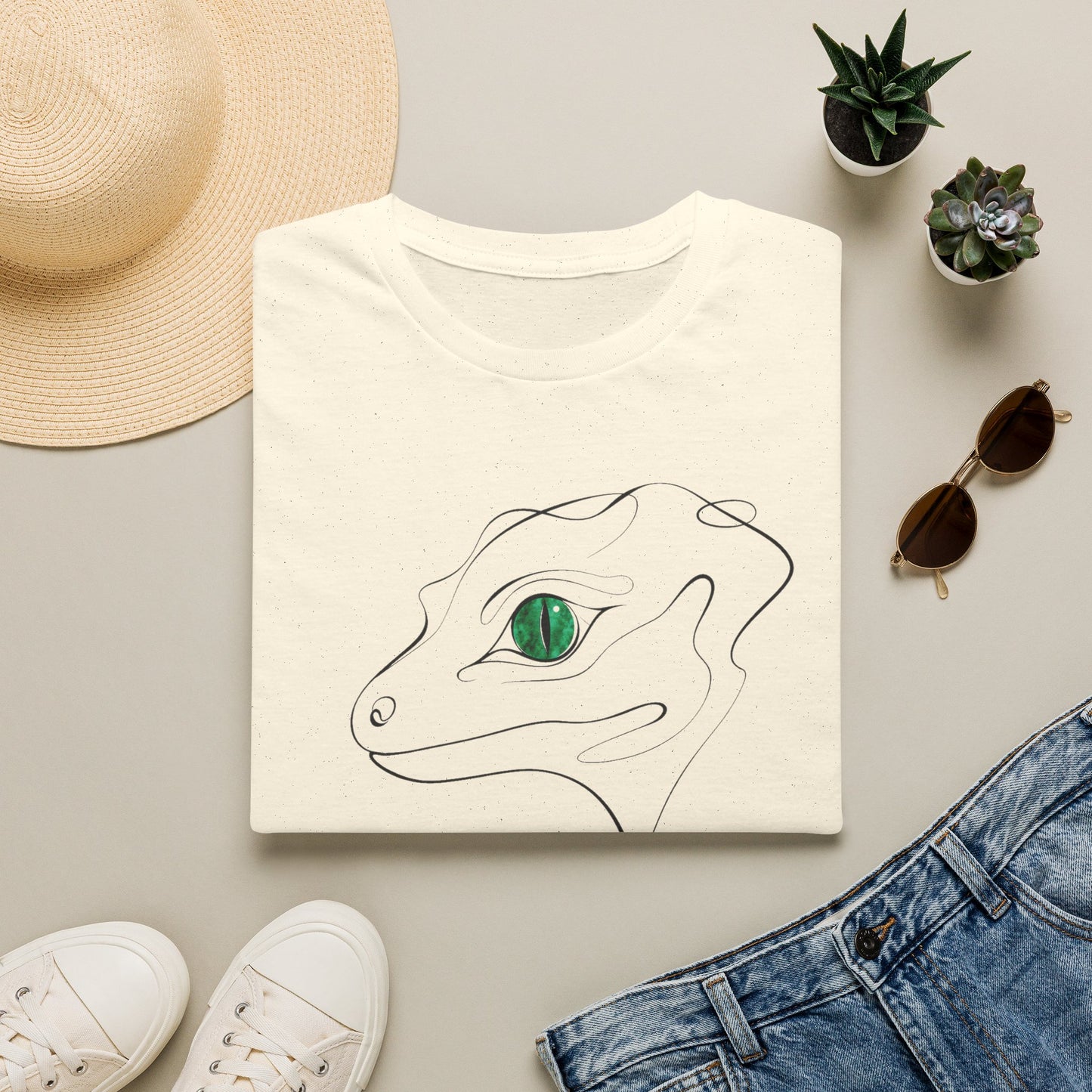 Emerald Gecko single-line art with emerald green gem eye — Gold Gecko Co. Line & Gold collection (Light)