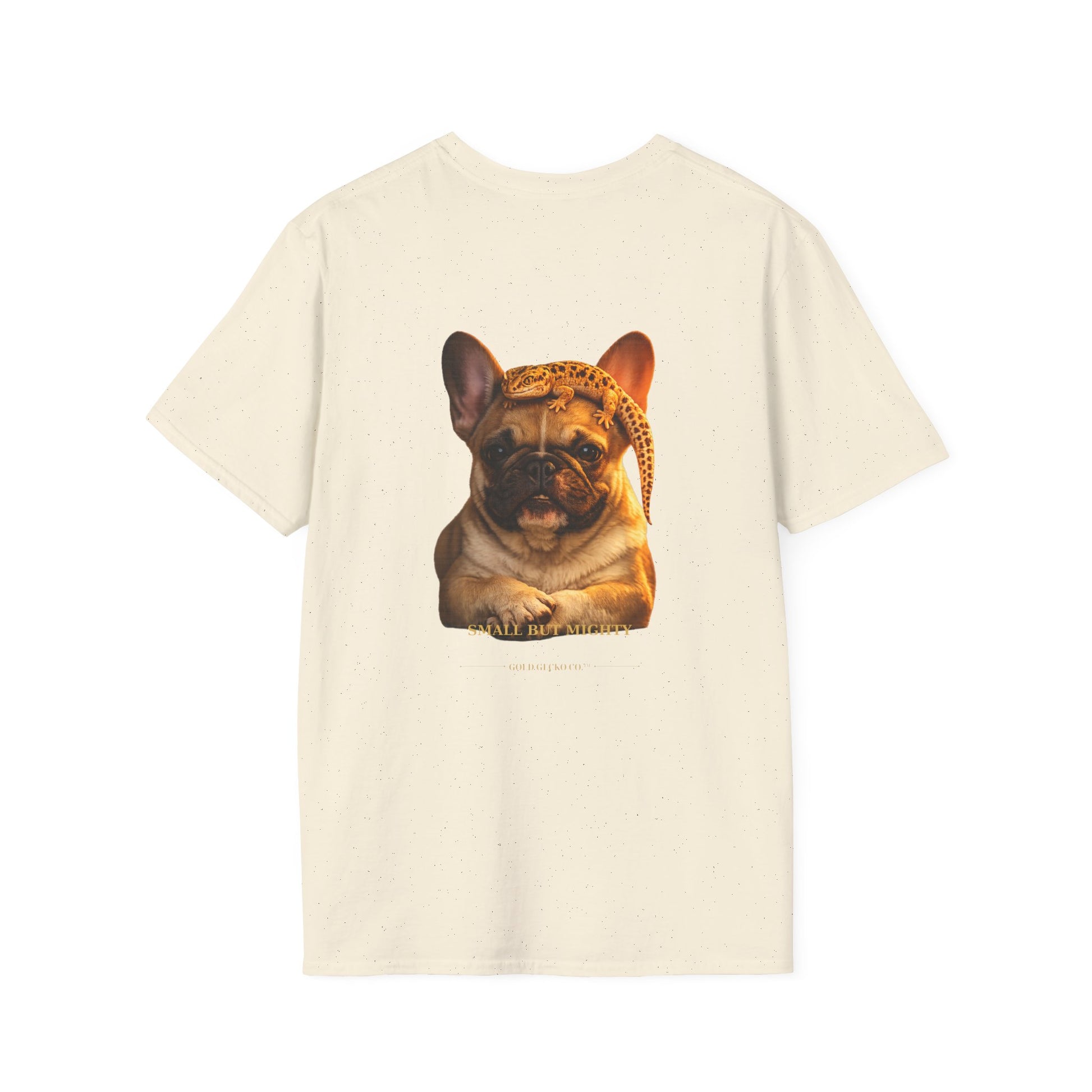 French Bulldog — Small But Mighty — cinematic photoreal portraits of beloved dog breeds paired w. Gold Gecko Co. Puppies & Geckos collection.