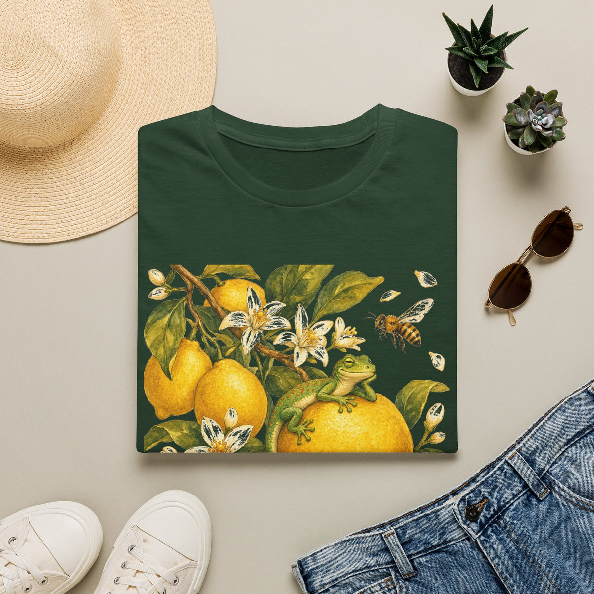 Citrus Grove Gecko cottagecore watercolor T-shirt from Gold Gecko Co. — gecko in a sunlit Mediterranean citrus grove of lemons and oranges.