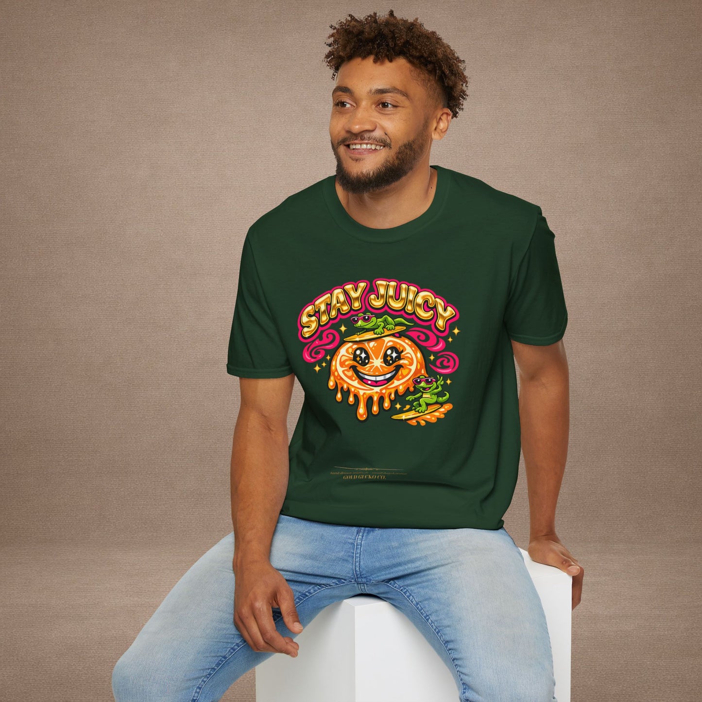 Stay Juicy retro chrome orange & gecko graphic t-shirt — Gold Gecko Co.
