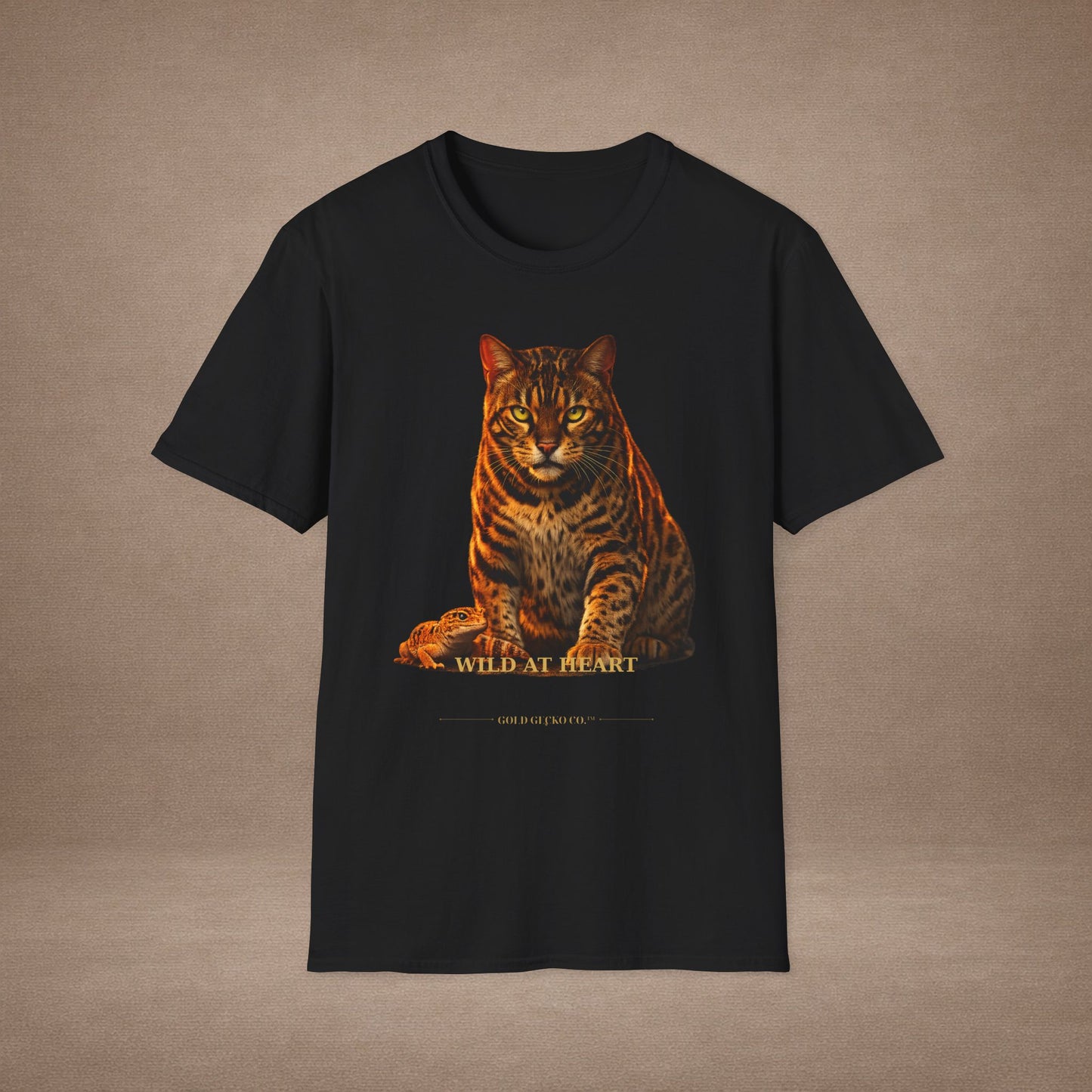 Bengal — Wild At Heart — photoreal cat breed portraits paired with tiny gecko compani. Gold Gecko Co. Cats & Geckos collection.
