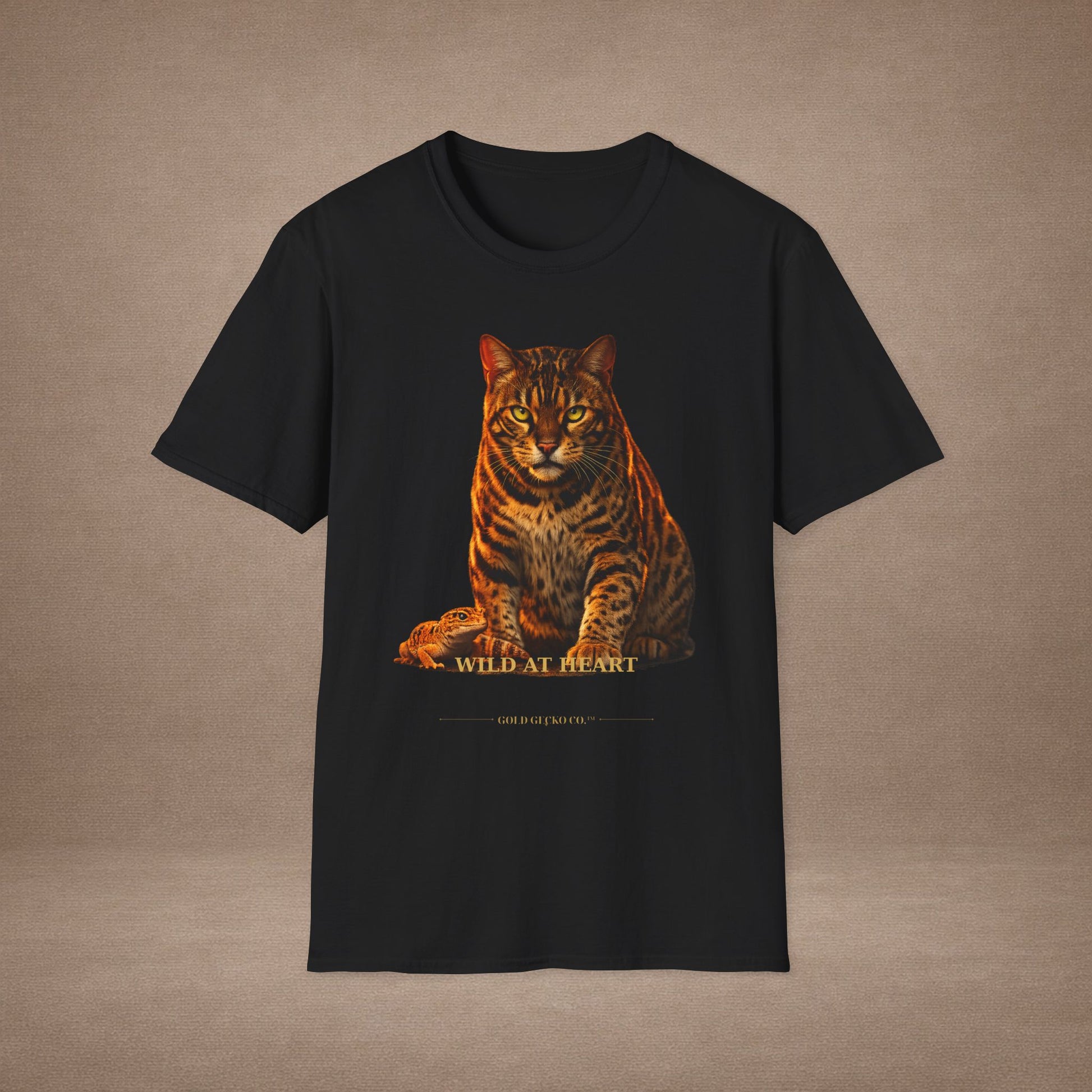 Bengal — Wild At Heart — photoreal cat breed portraits paired with tiny gecko compani. Gold Gecko Co. Cats & Geckos collection.