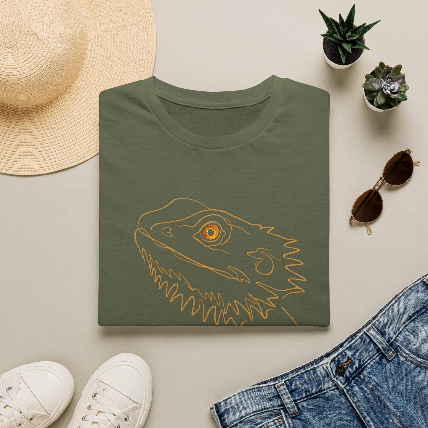 Amber Bearded Dragon single-line art with amber gold gem eye — Gold Gecko Co. Line & Gold collection (Dark)