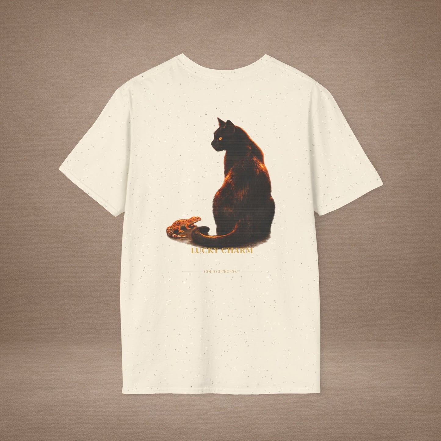 Black Cat — Lucky Charm — photoreal cat breed portraits paired with tiny gecko compani. Gold Gecko Co. Cats & Geckos collection.