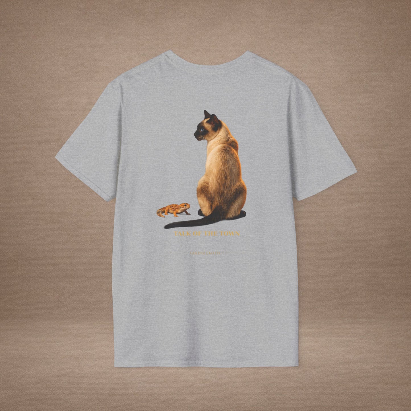 Siamese — Talk Of The Town — photoreal cat breed portraits paired with tiny gecko compani. Gold Gecko Co. Cats & Geckos collection.