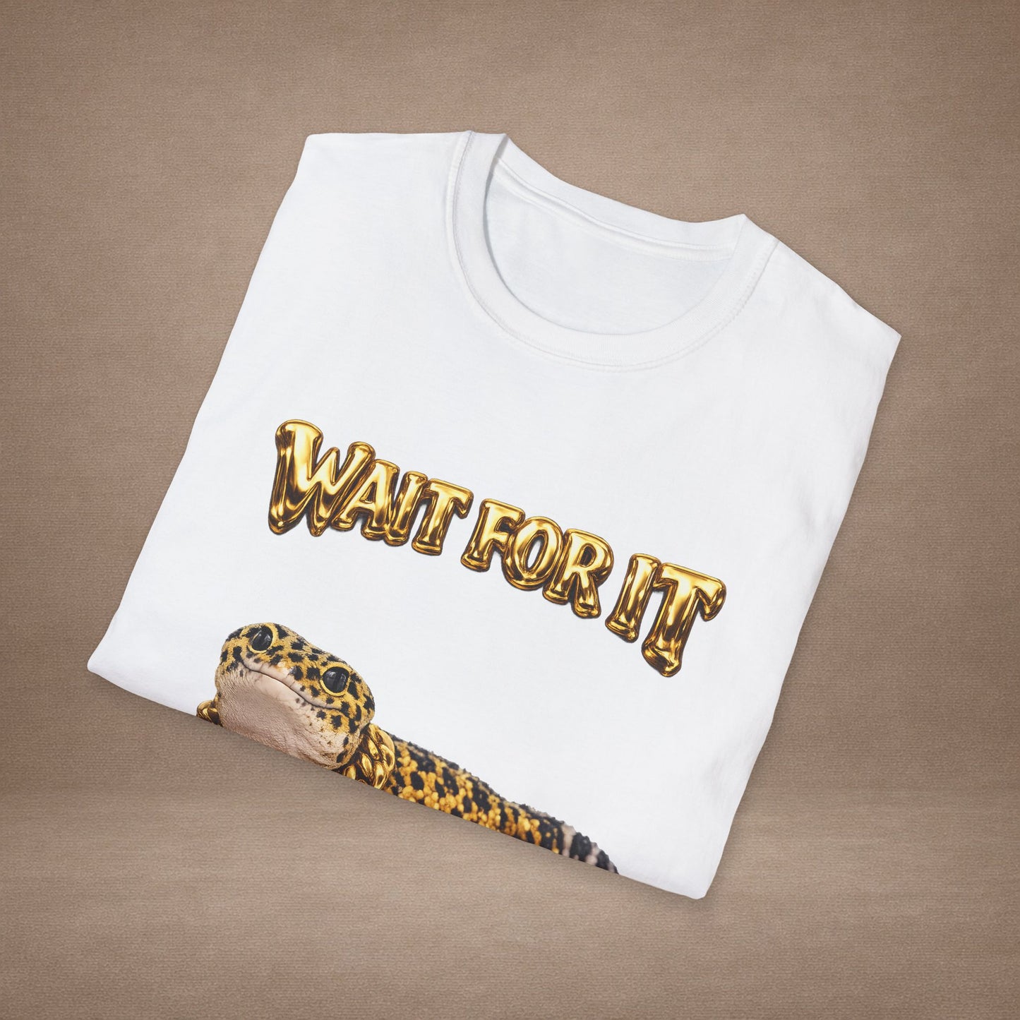DESIGN #21 Wait For It... Lounging Leopard Gecko Tee (Front & Back) - Gold Lettering