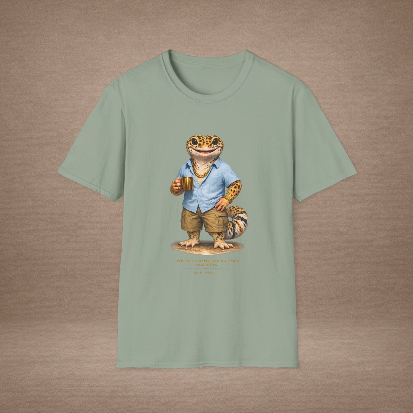 Design #03-2-2 - Coffee Dad (Leopard - Powder Blue Shirt, Gold Mug, Grass)
