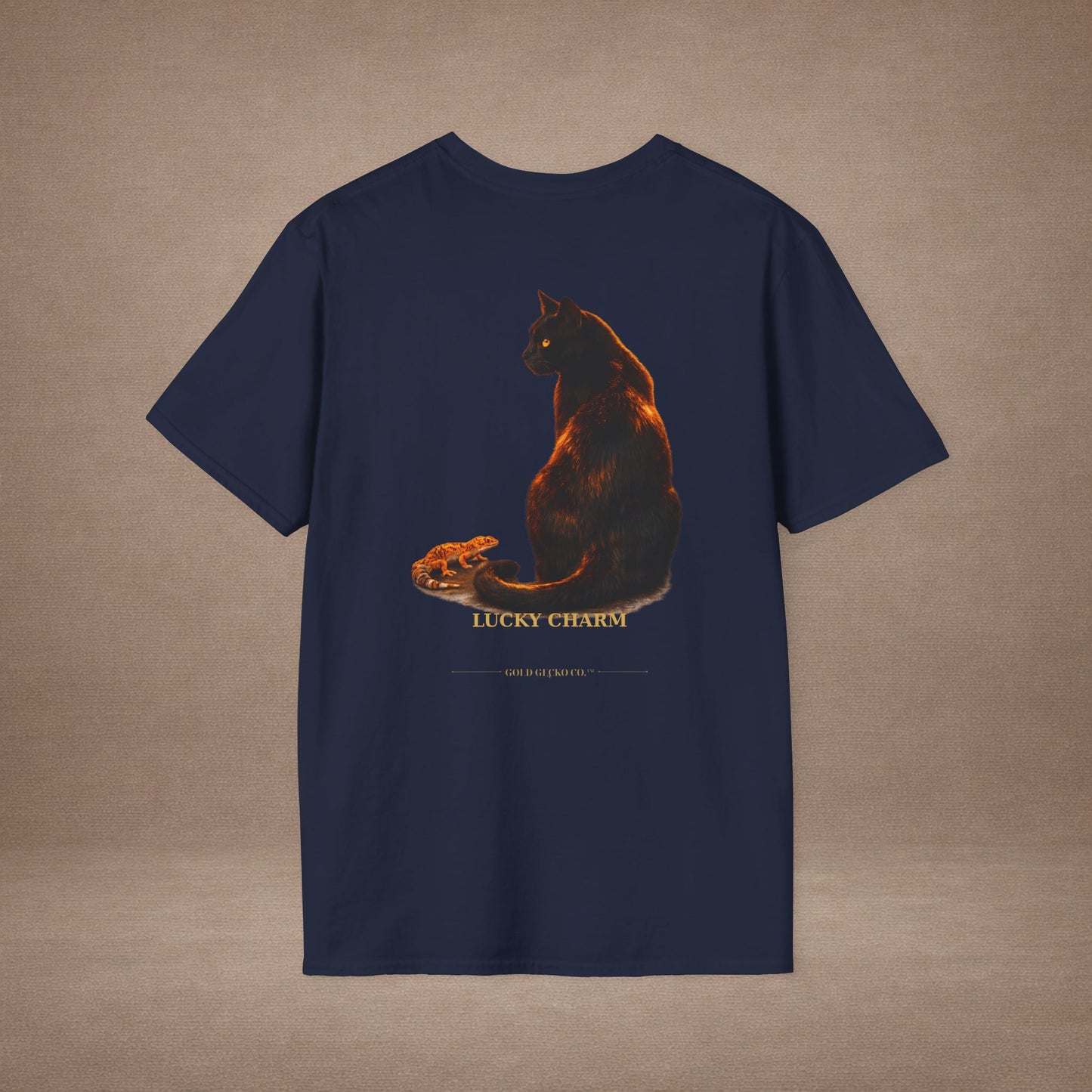 Black Cat — Lucky Charm — photoreal cat breed portraits paired with tiny gecko compani. Gold Gecko Co. Cats & Geckos collection.