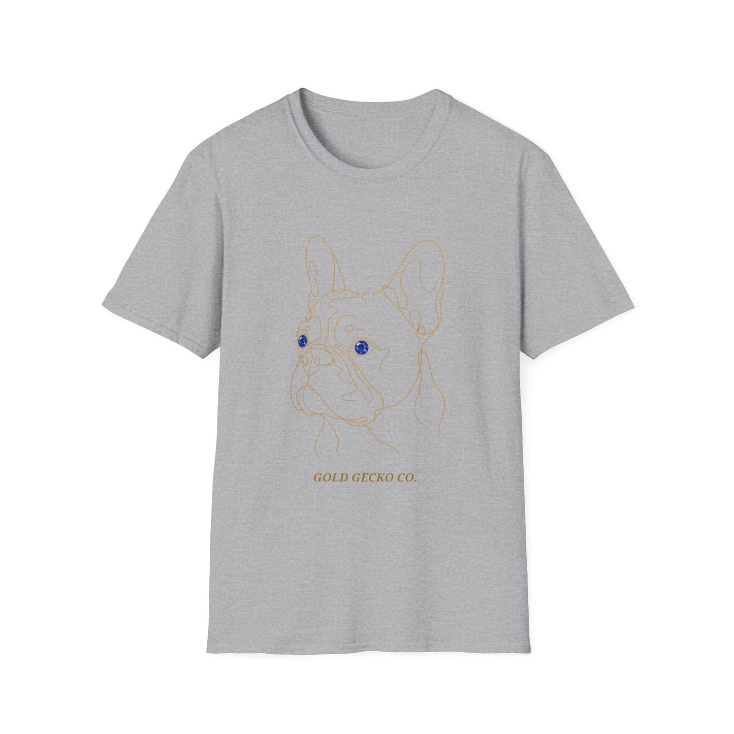 Sapphire French Bulldog single-line art with sapphire blue gem eye — Gold Gecko Co. Line & Gold collection (Dark)