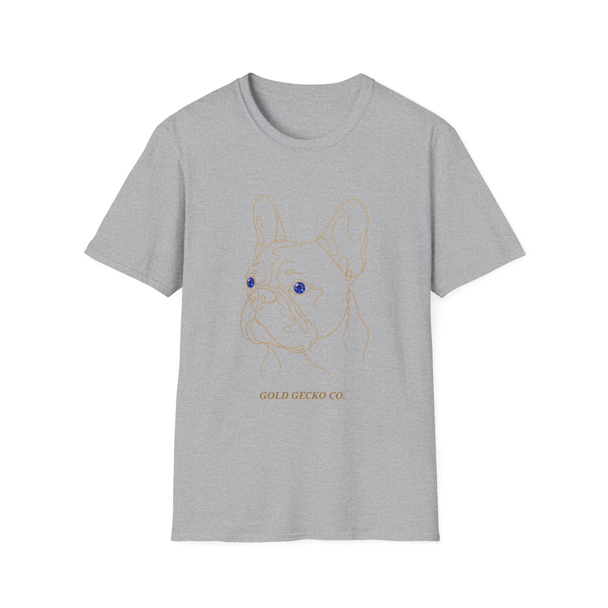 Sapphire French Bulldog single-line art with sapphire blue gem eye — Gold Gecko Co. Line & Gold collection (Dark)